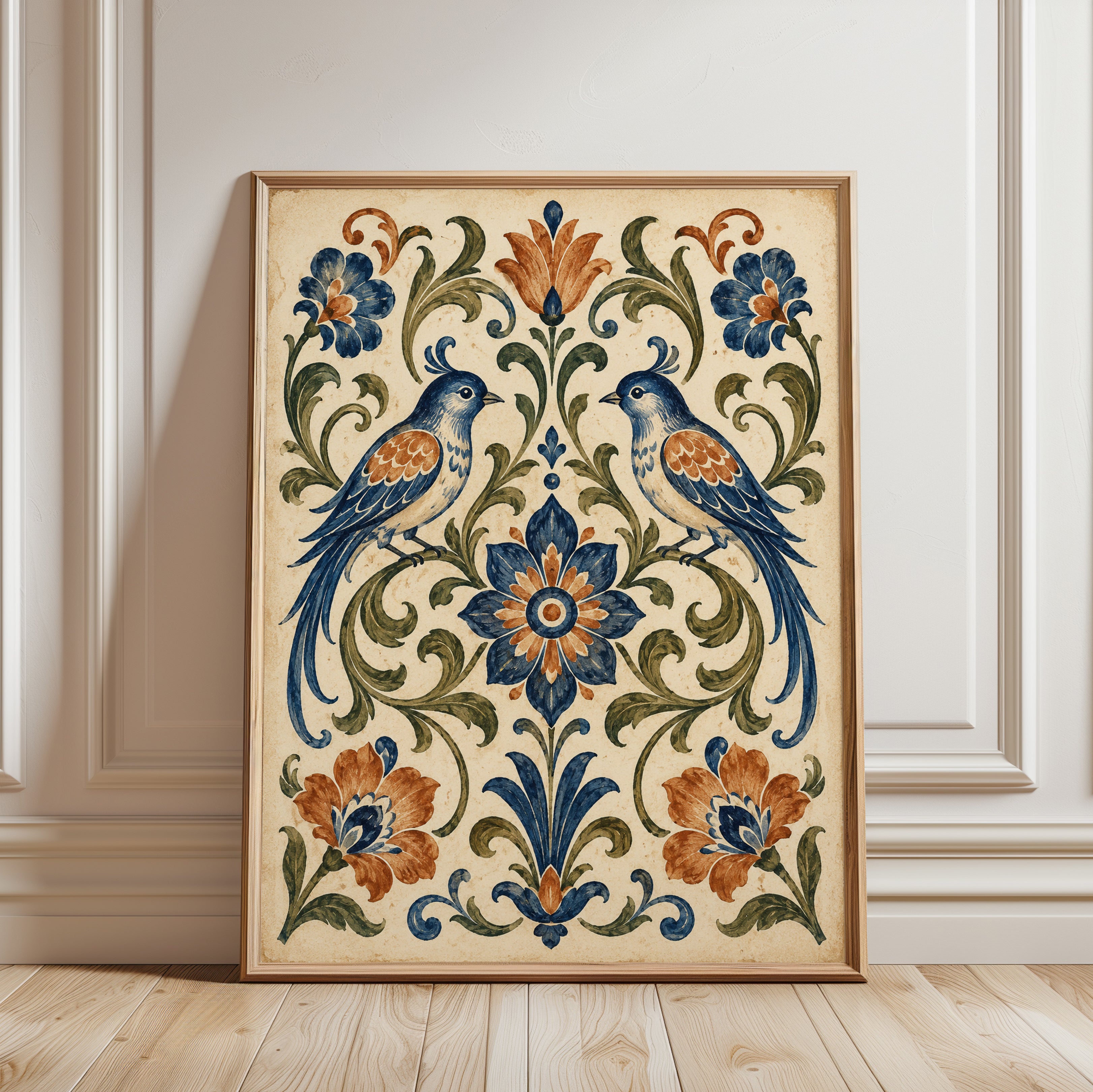 Folk Art Birds and Florals: Traditional Symmetrical Design Print - framed detail
