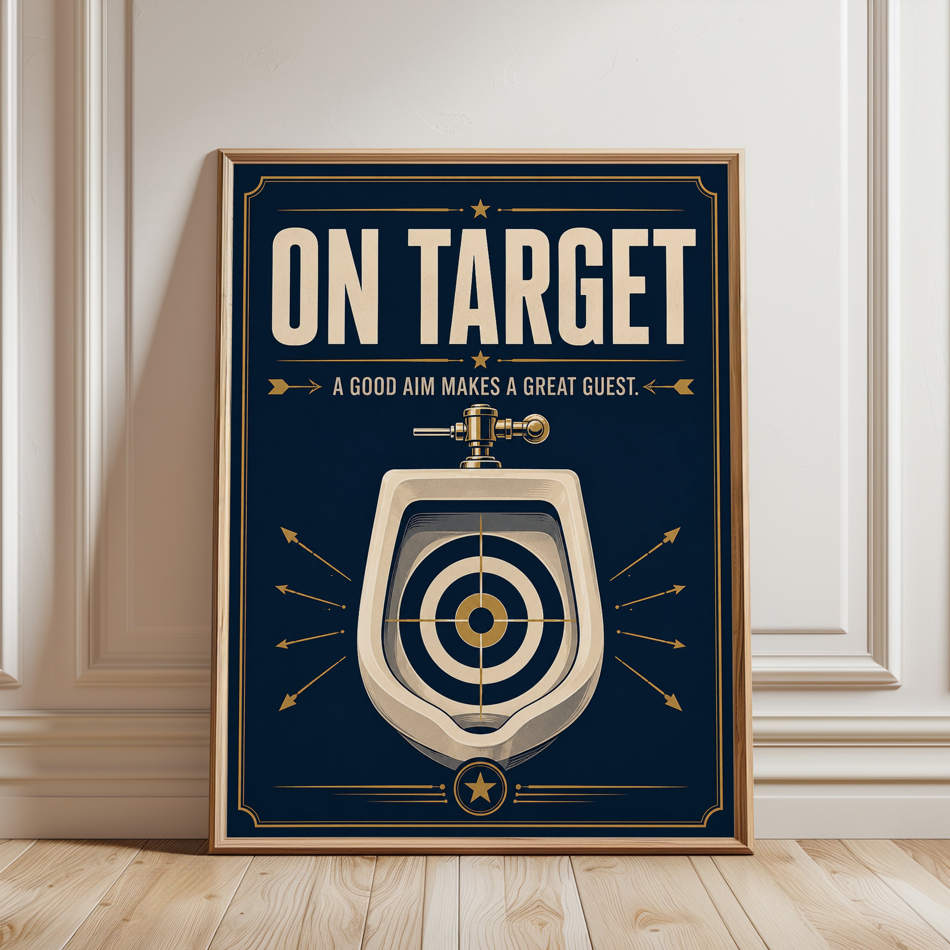 On Target Bathroom Humor Poster: Art Deco Navy and Gold Print - framed detail