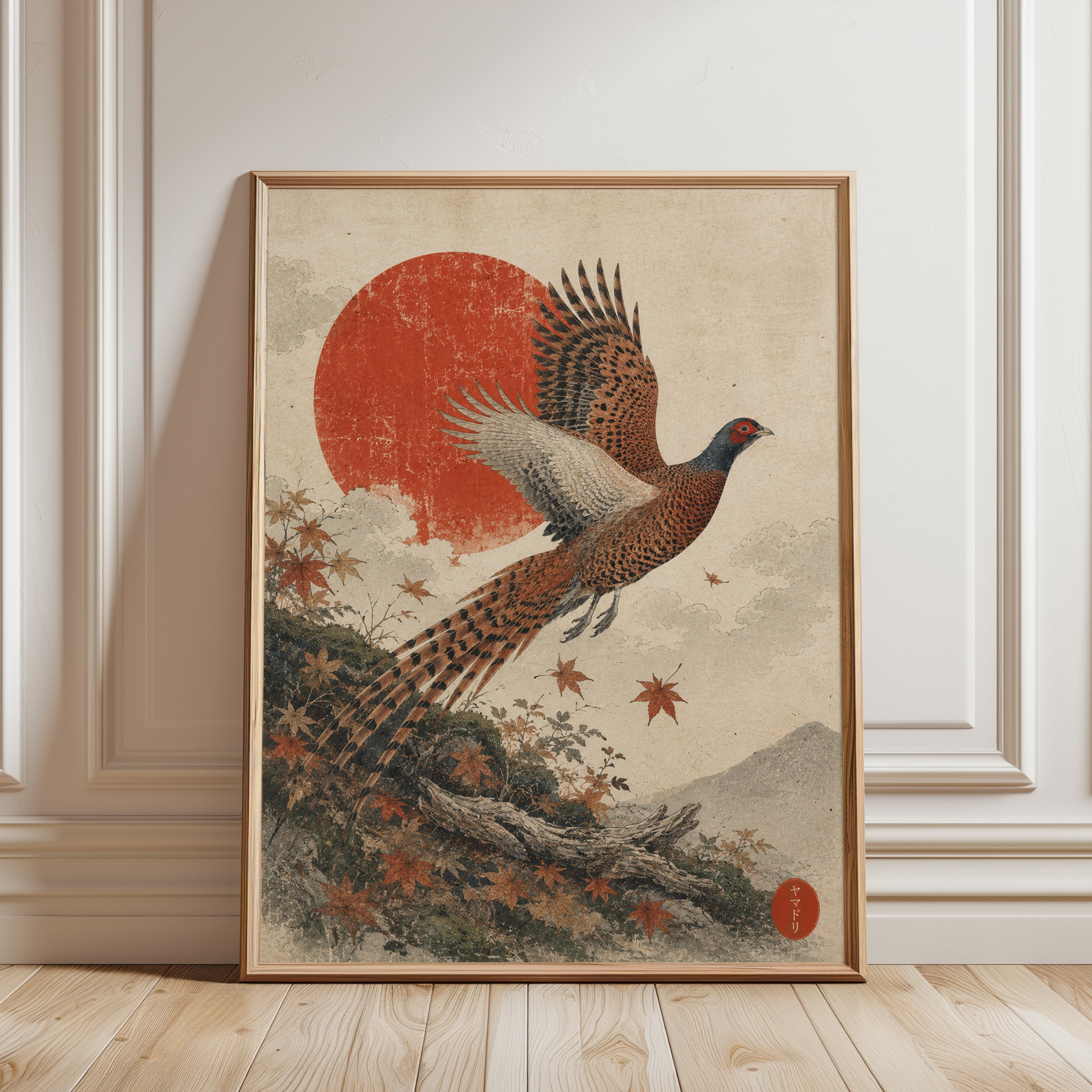 Japanese Pheasant Print – Vintage Bird Art - framed detail