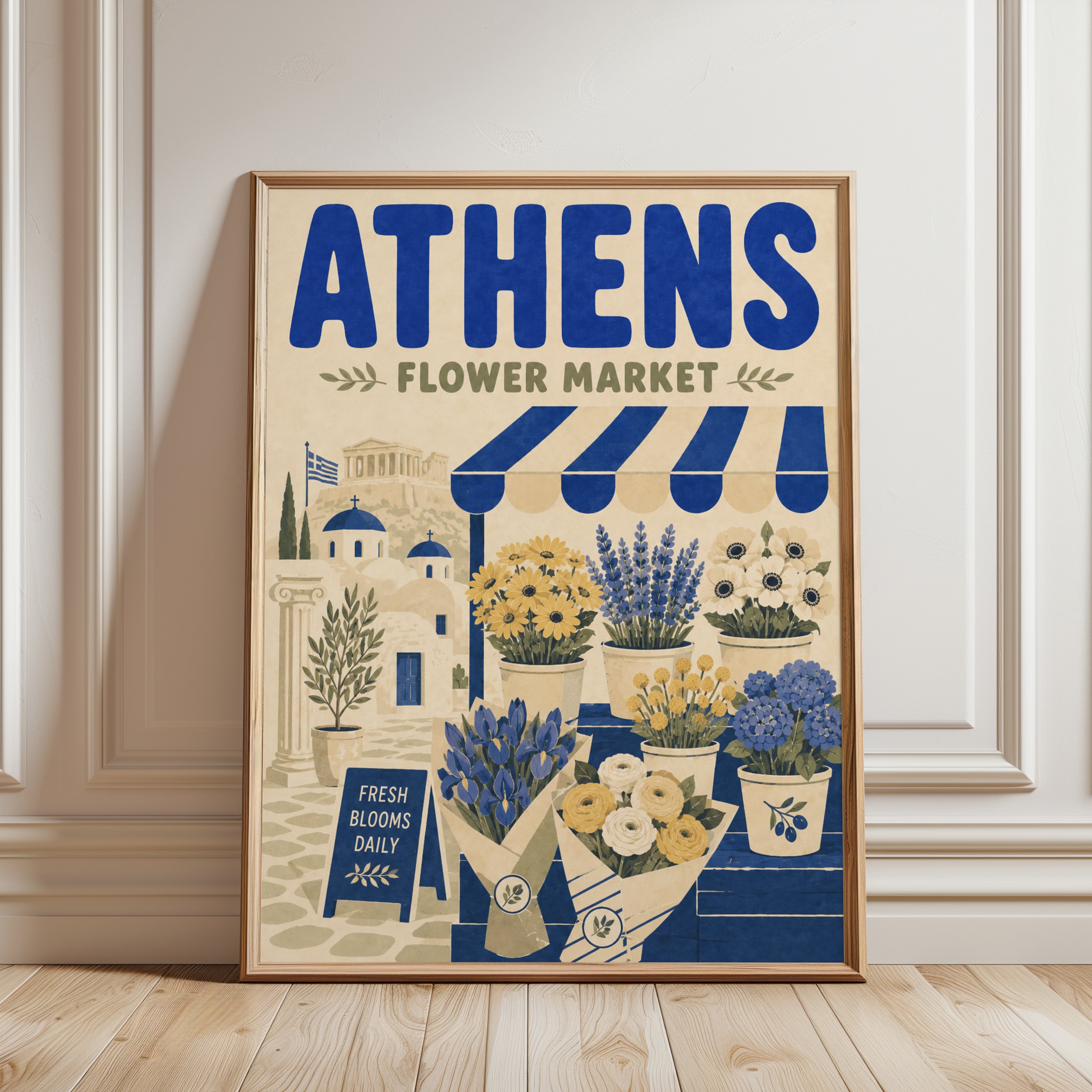 Athens Travel Poster: Floral Market Scene - framed detail