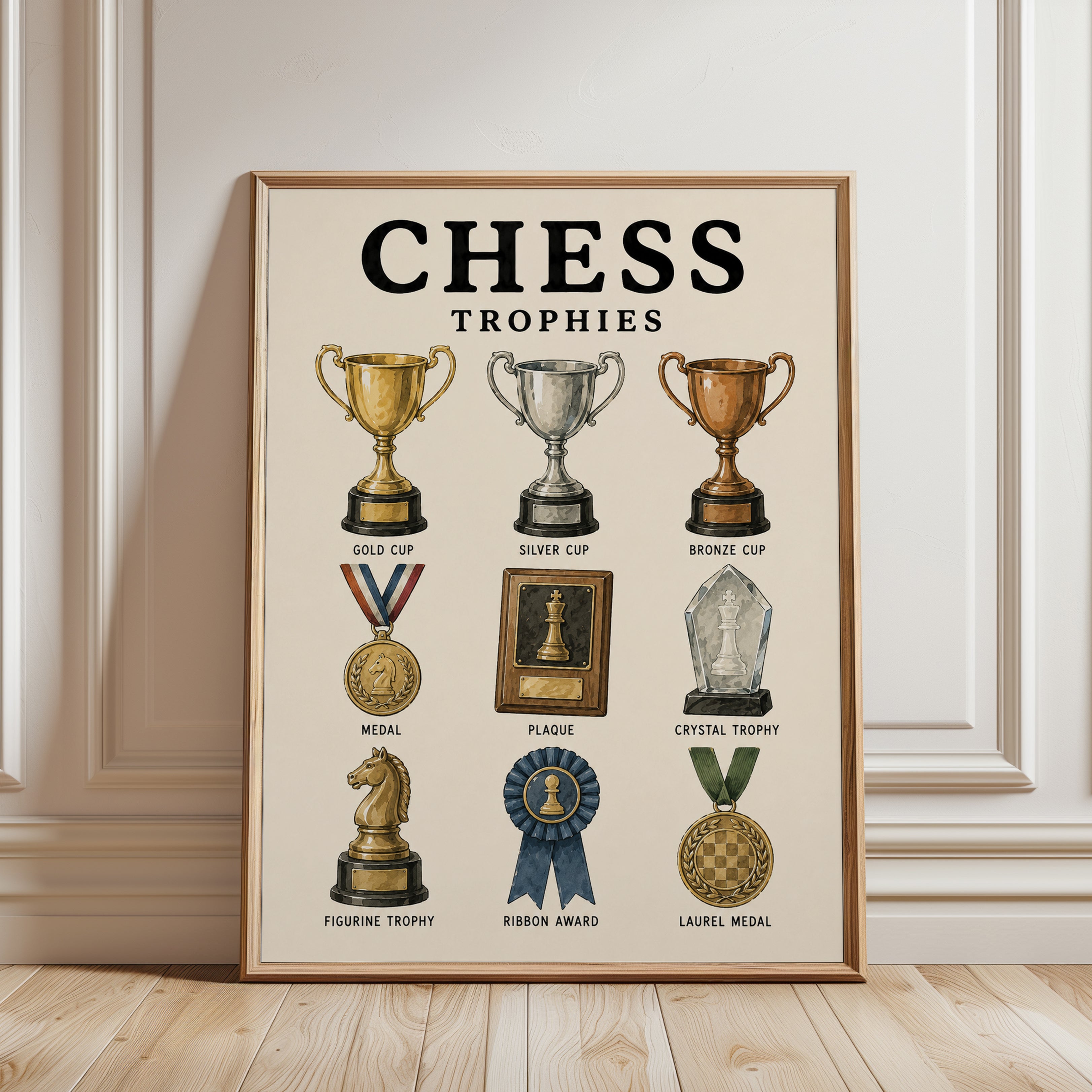 Chess Trophies Educational Poster — Vintage Illustrated Guide - framed detail