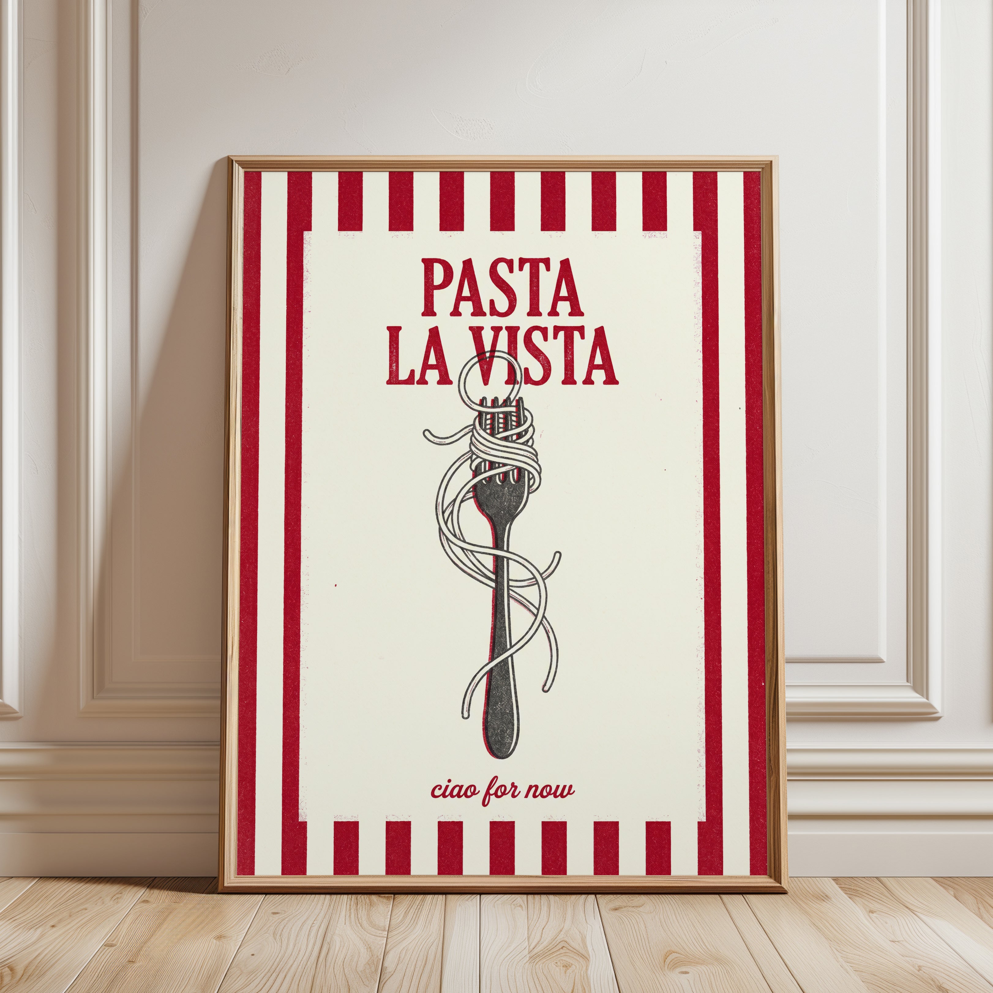 Pasta La Vista Print: Retro Italian Kitchen Wall Art - framed detail