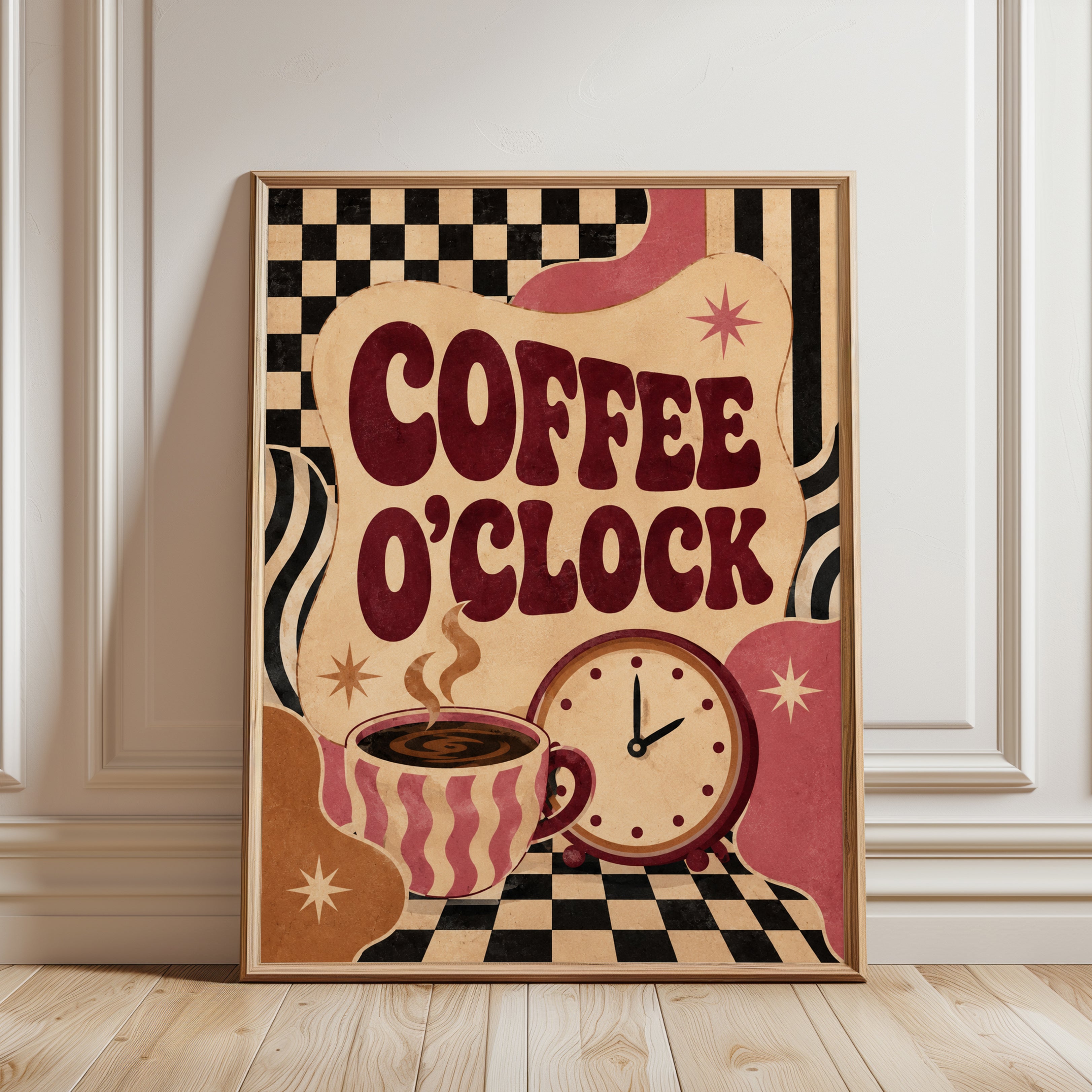 Coffee O'Clock Retro Kitchen Print: Mid-Century Typography Art - framed detail