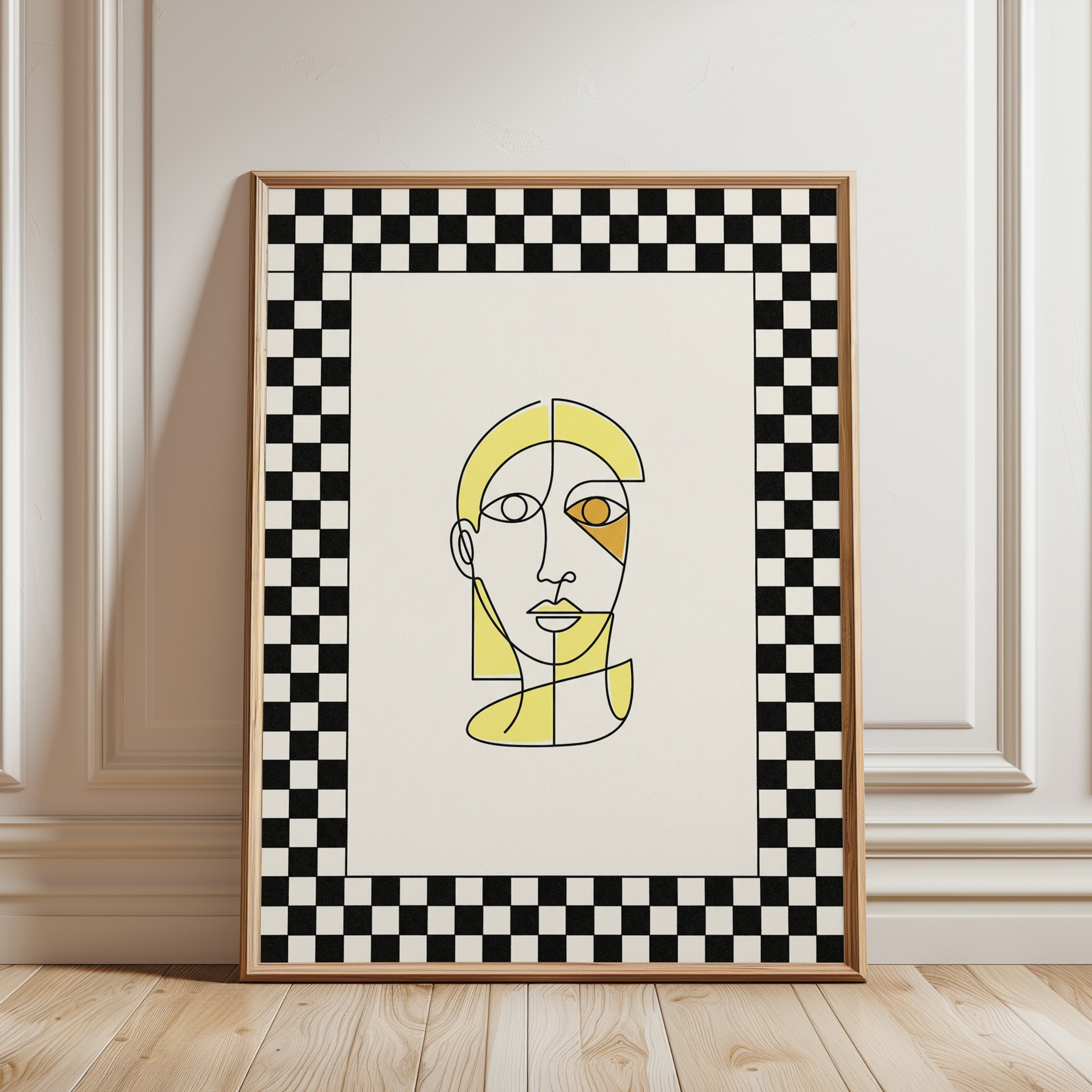 Cubist Face Line Art Print: Yellow Geometric Portrait Design - framed detail