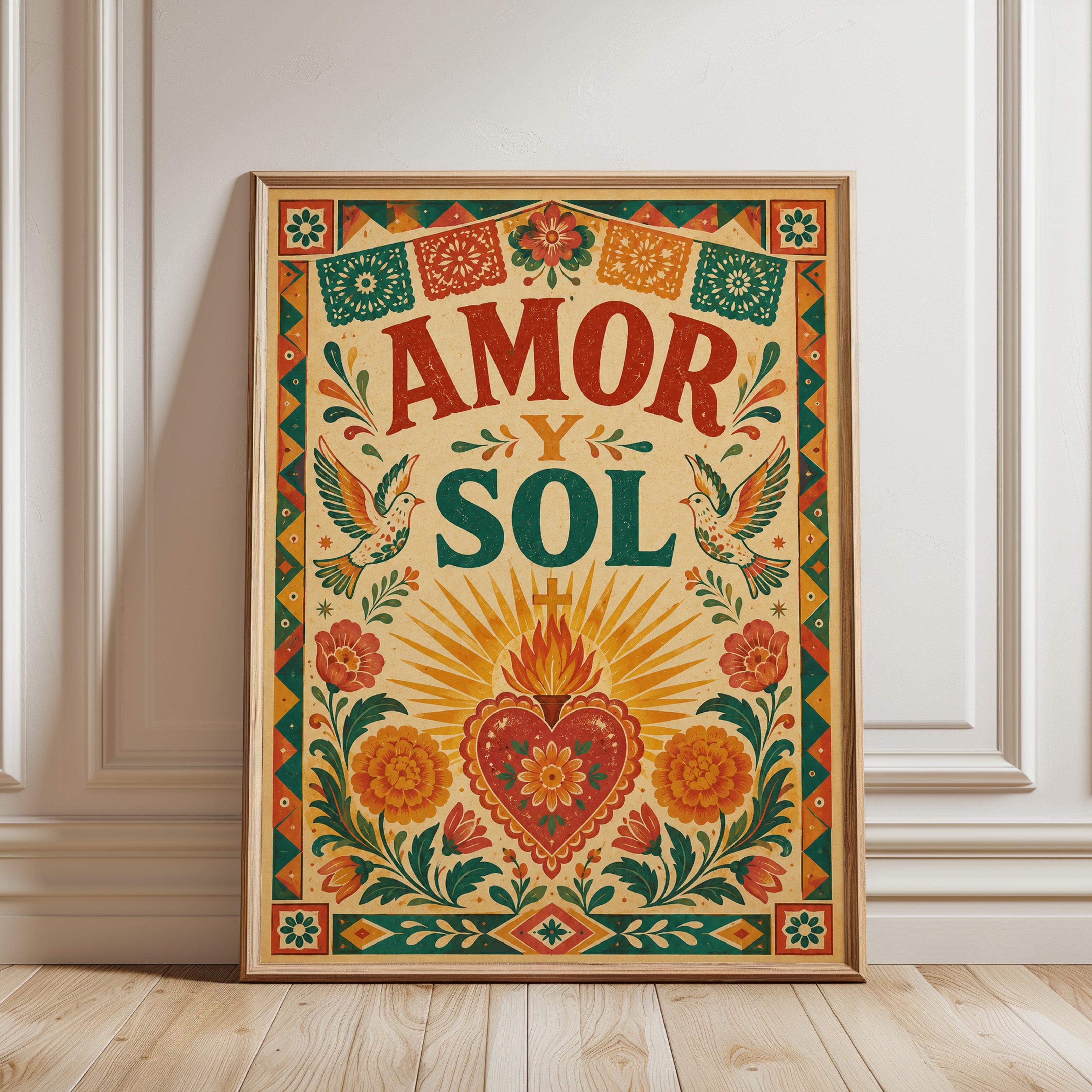 Amor y Sol Folk Art Print: Colorful Floral Heart - framed detail