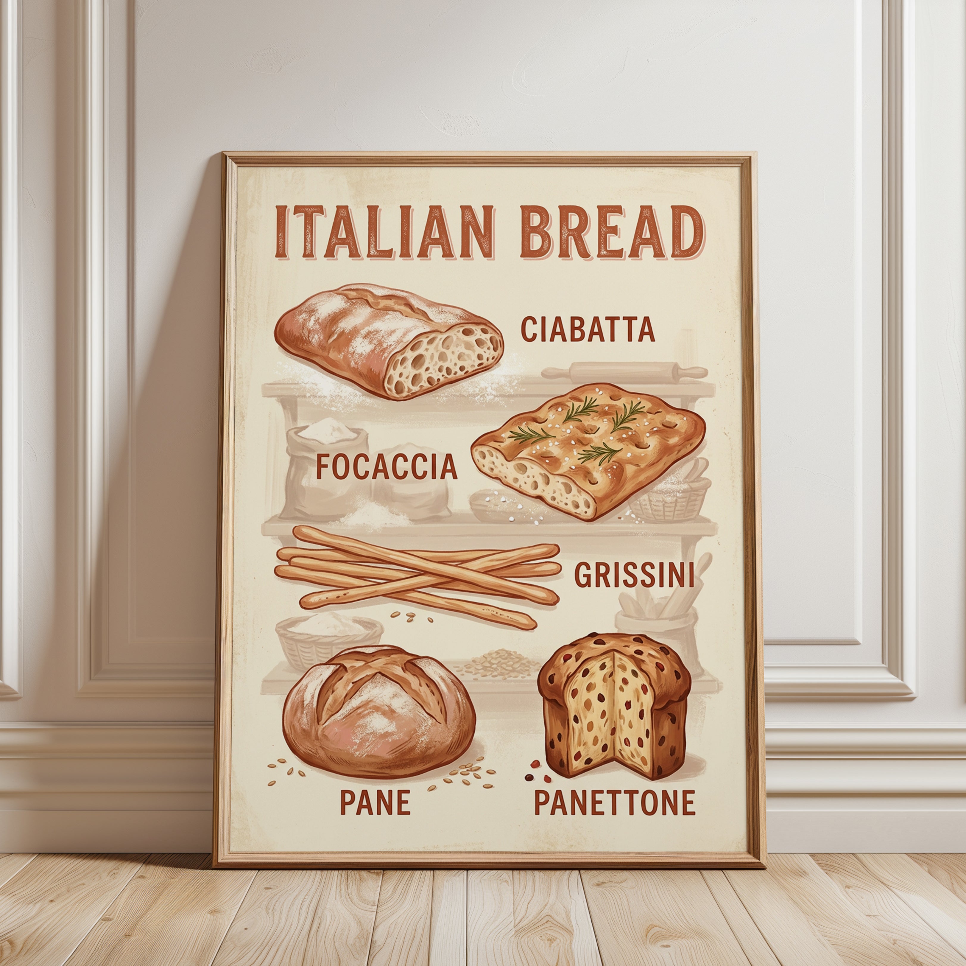 Italian Bread Poster — Vintage Bakery Illustration - framed detail