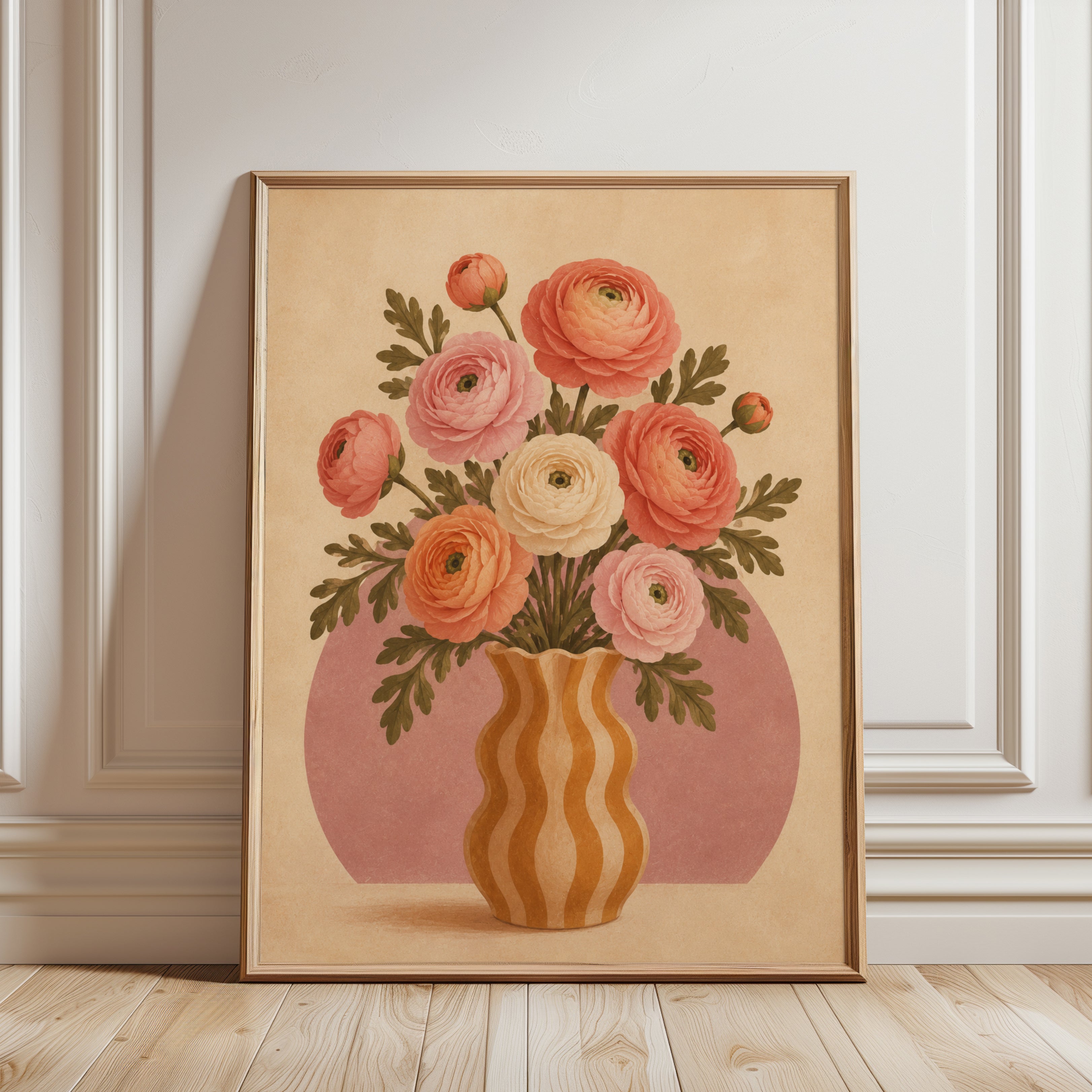 Ranunculus Vase Print – Retro Floral Wall Art - framed detail
