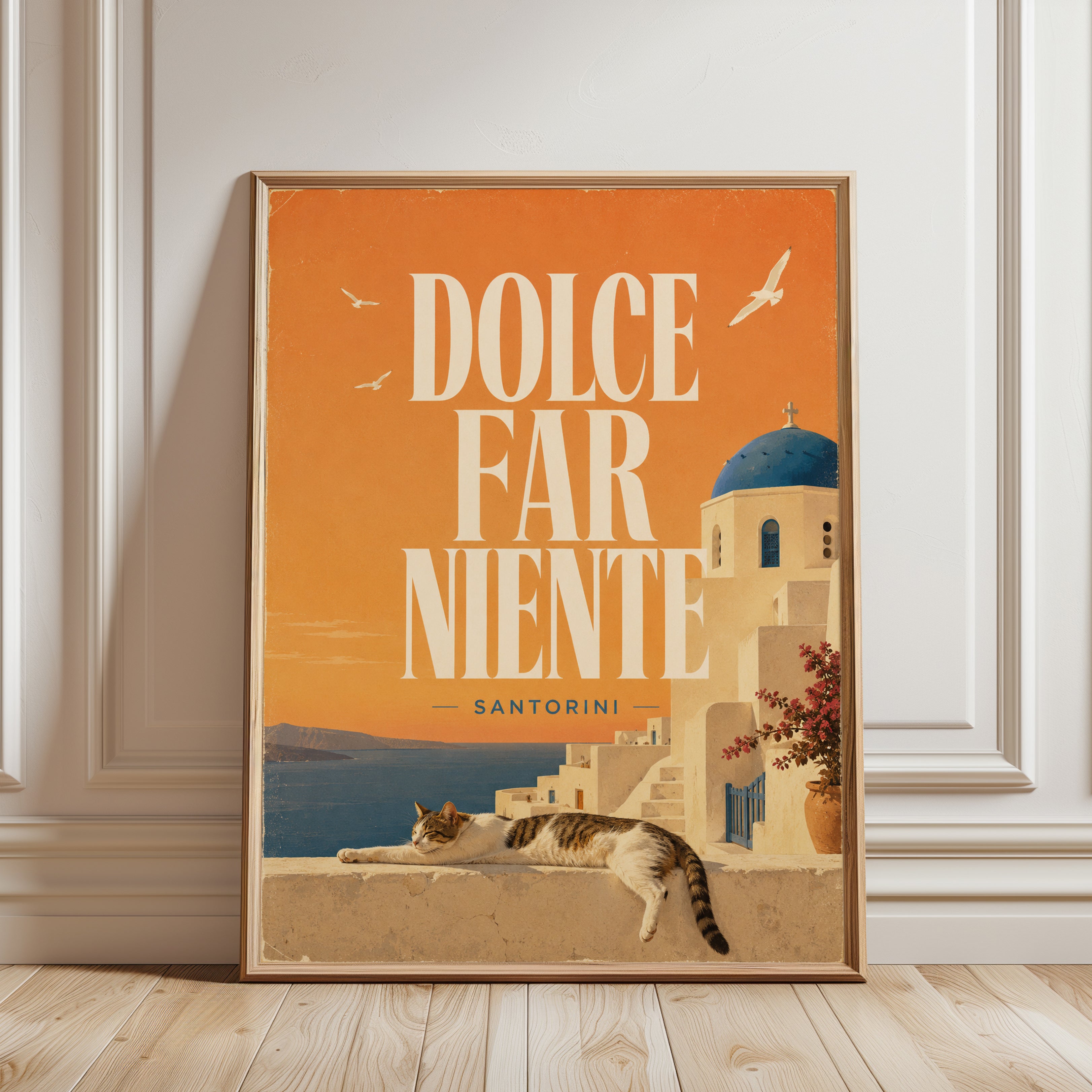 Santorini Travel Poster: Vintage Greek Island With Blue Dome - framed detail