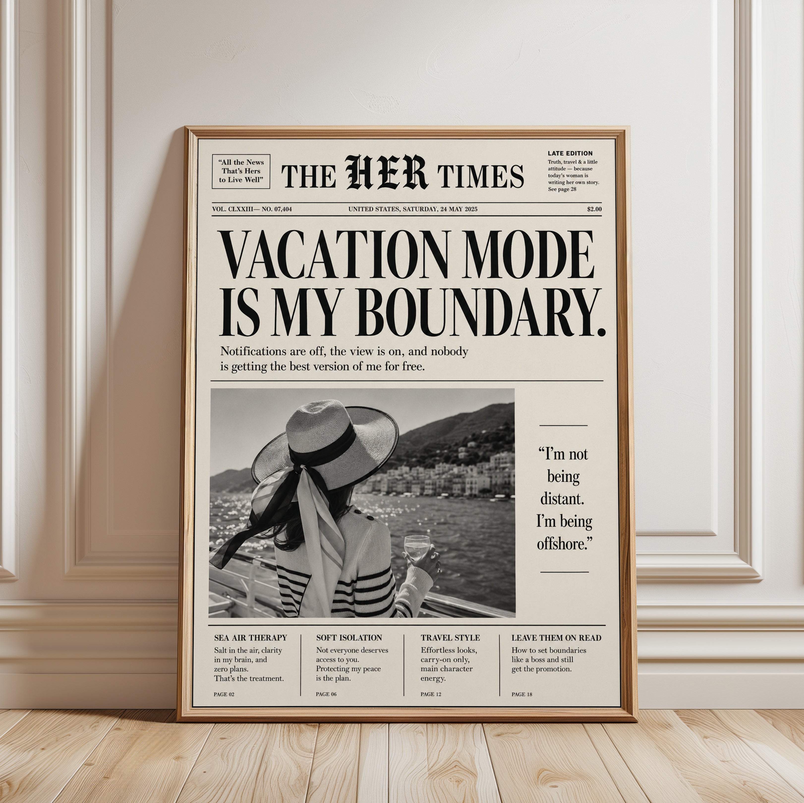 Vacation Mode Wall Art Print: Humorous Newspaper Typography - framed detail