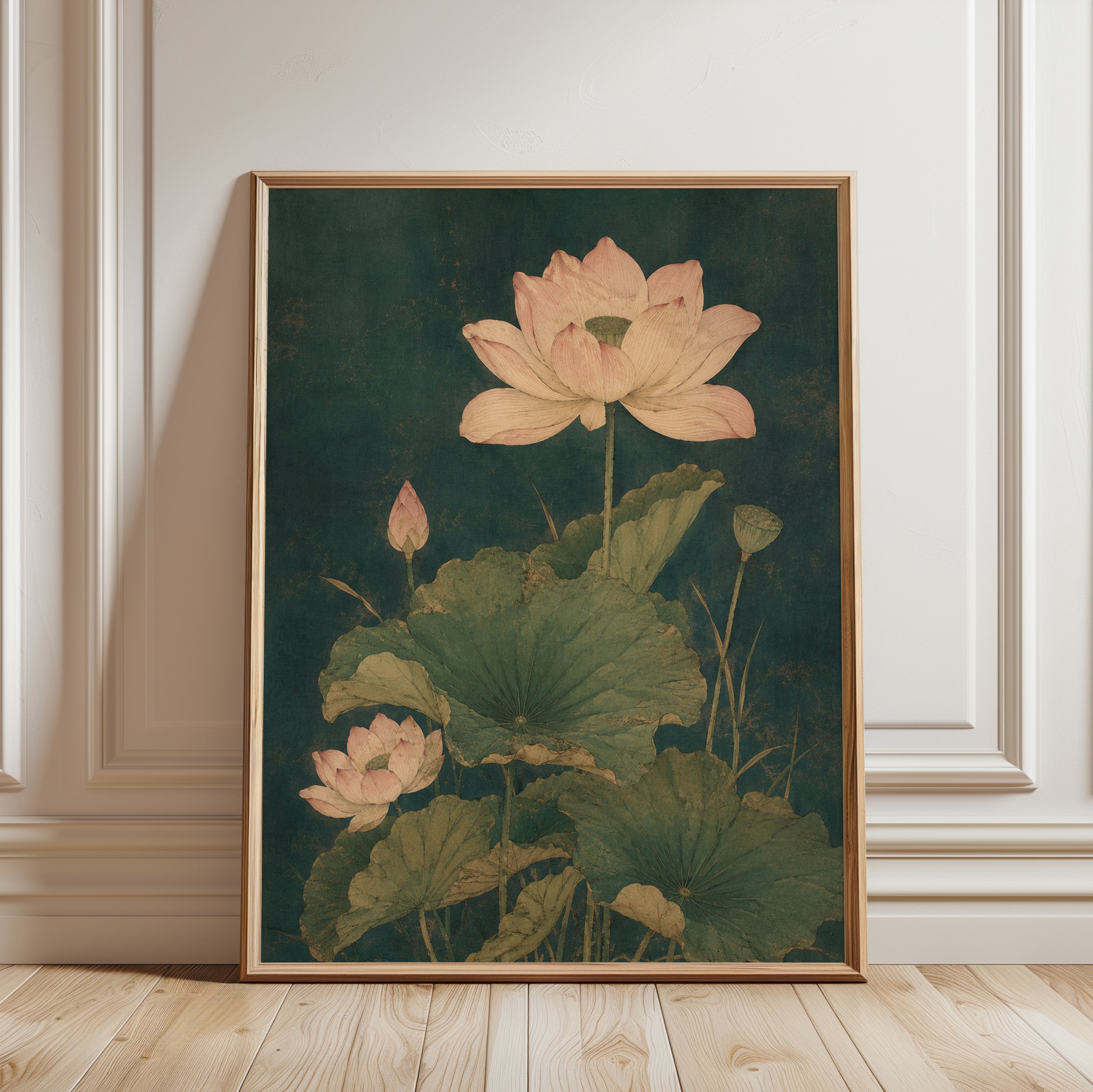 Vintage Lotus Botanical Print — Antique Asian Style Flower Art - framed detail