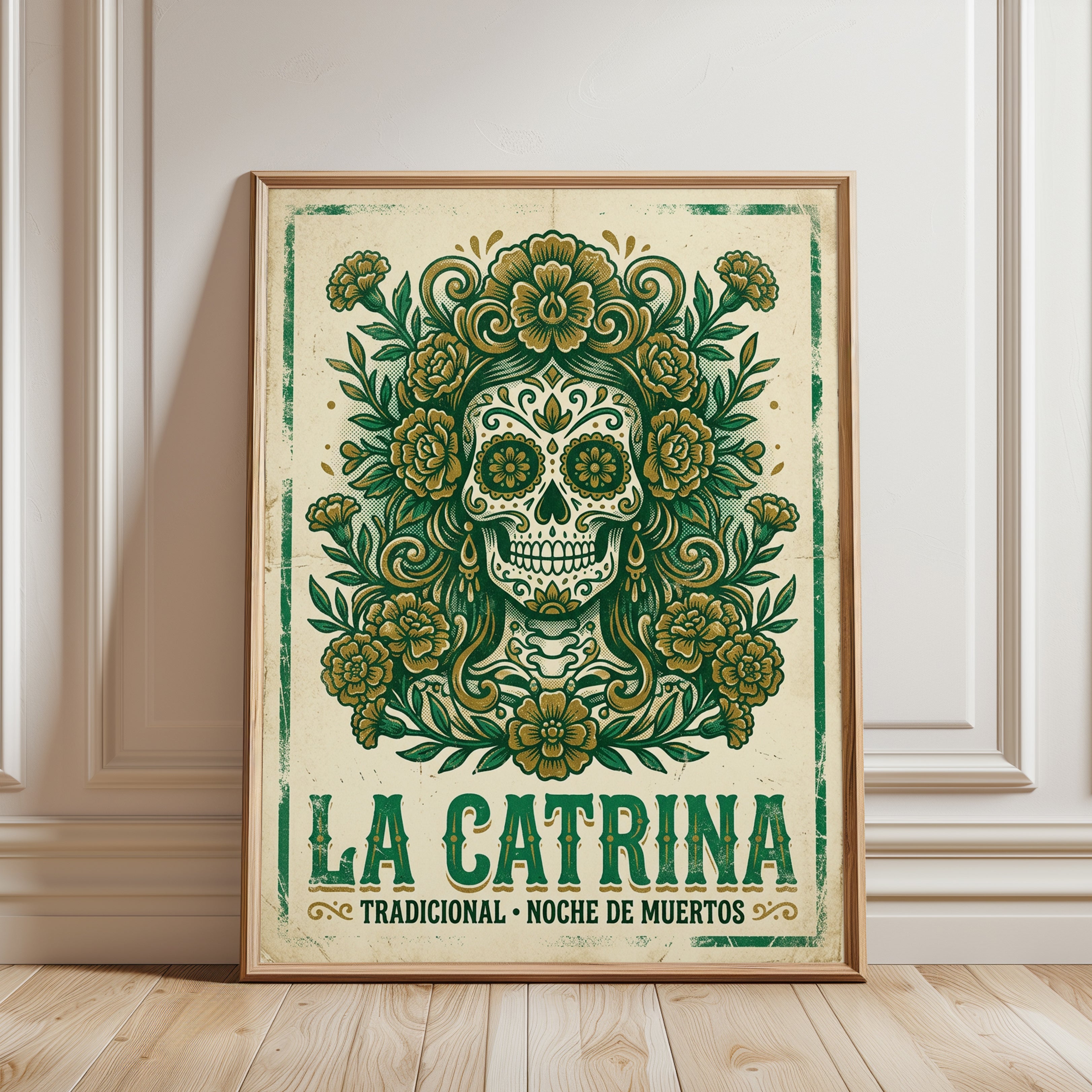 La Catrina Sugar Skull Print — Day of the Dead Folk Art - framed detail
