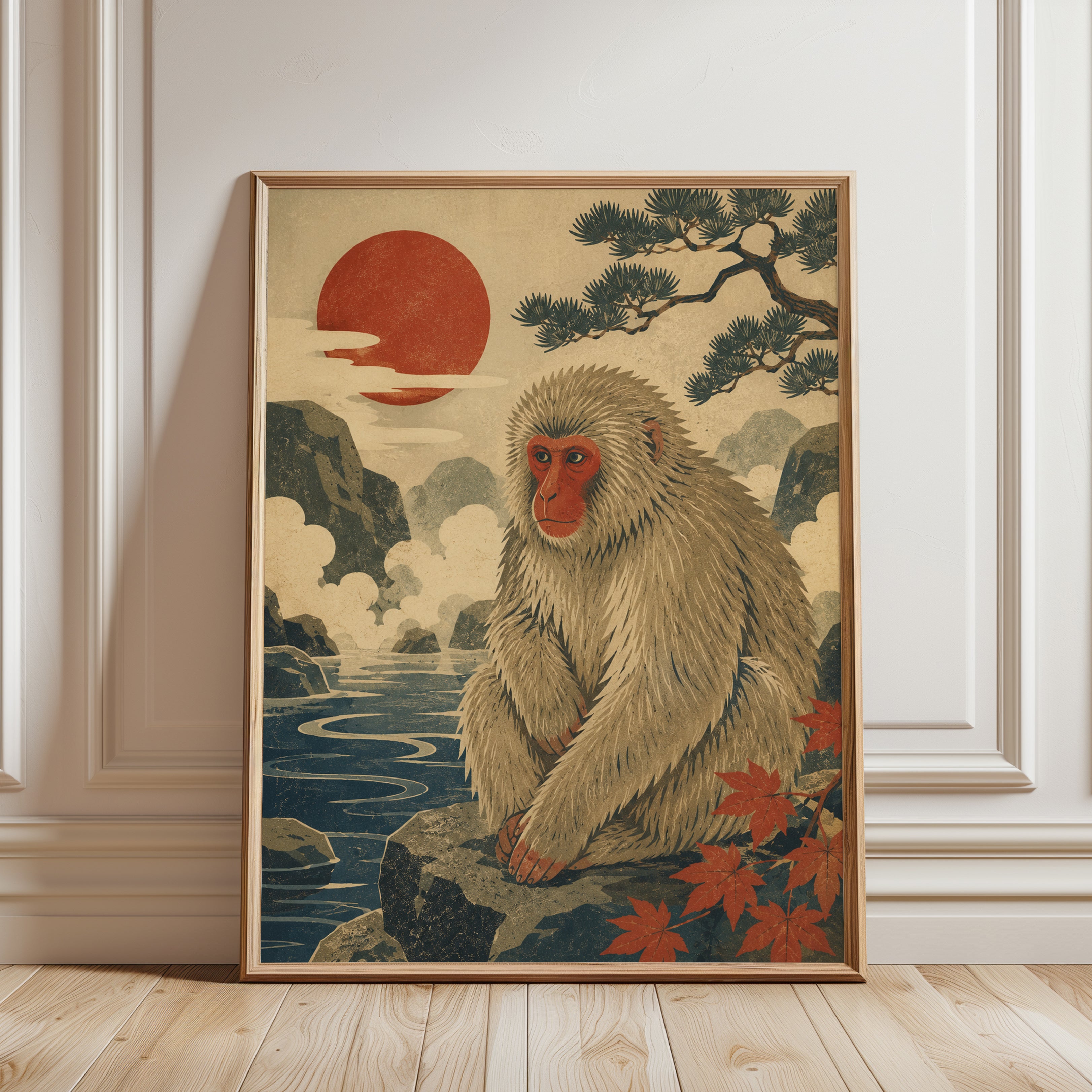 Ukiyo-e Snow Monkey Print - framed detail