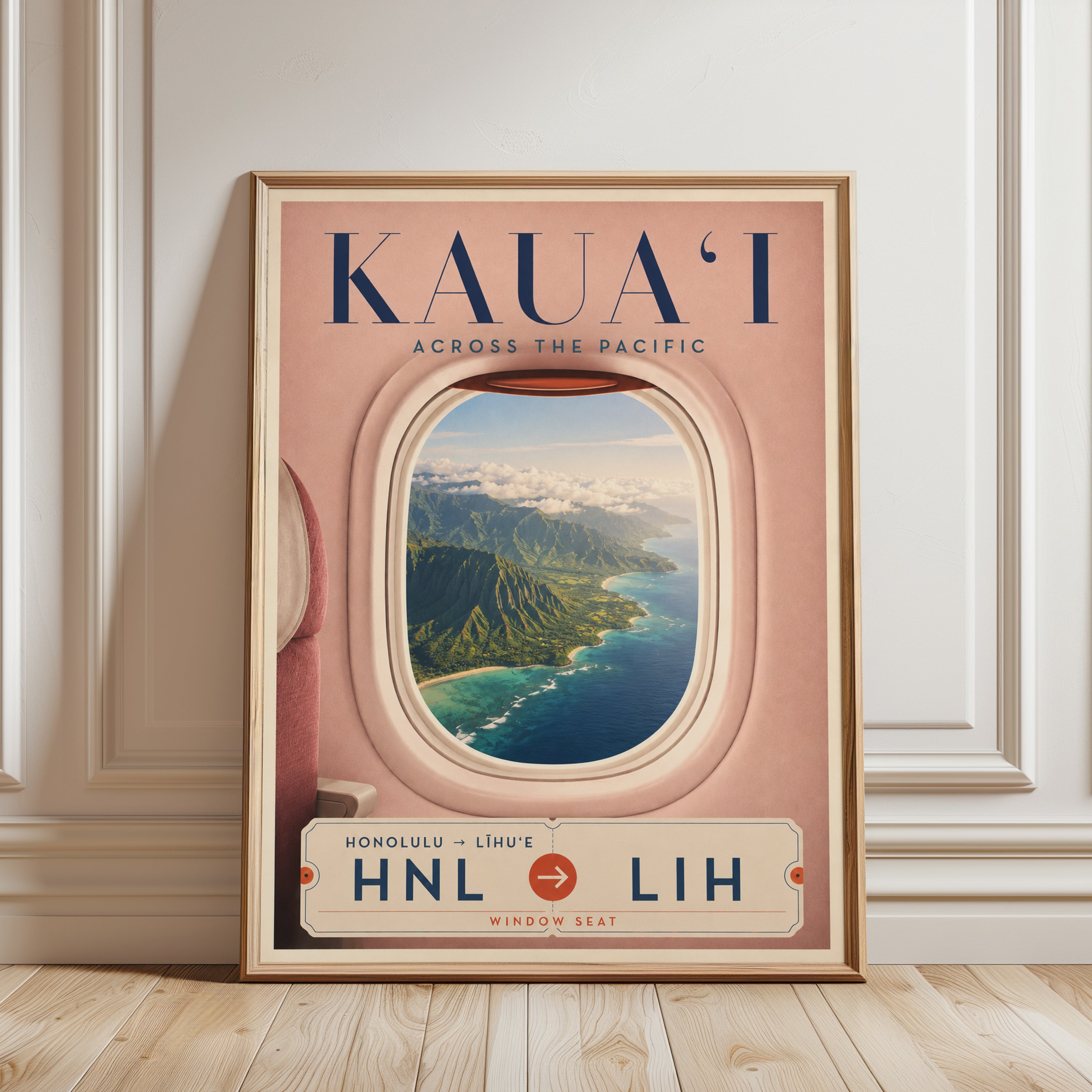 Hawaii Travel Poster – Kauai Airplane Window Art - framed detail