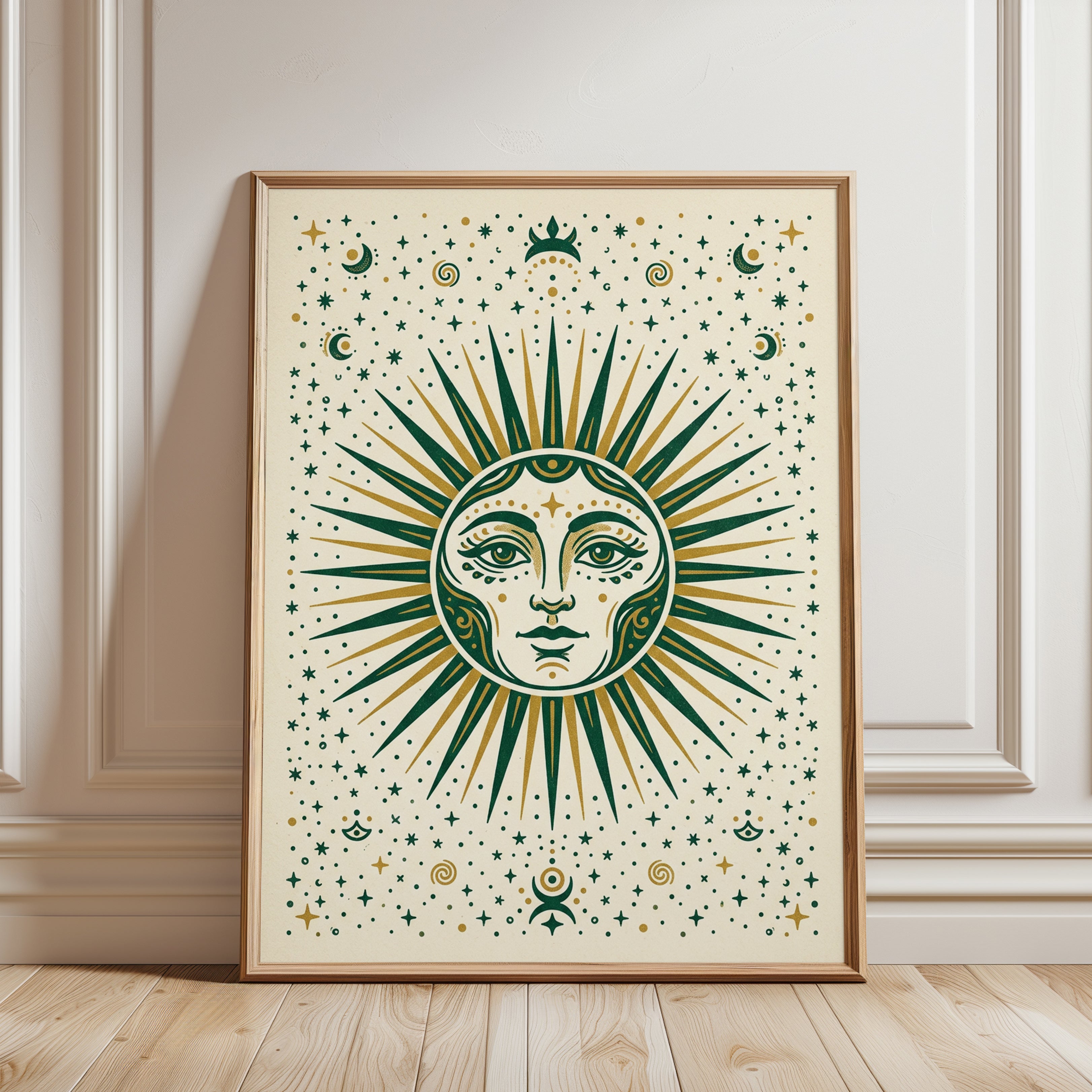 Celestial Sun Face Wall Art: Mystical Green and Gold Print - framed detail