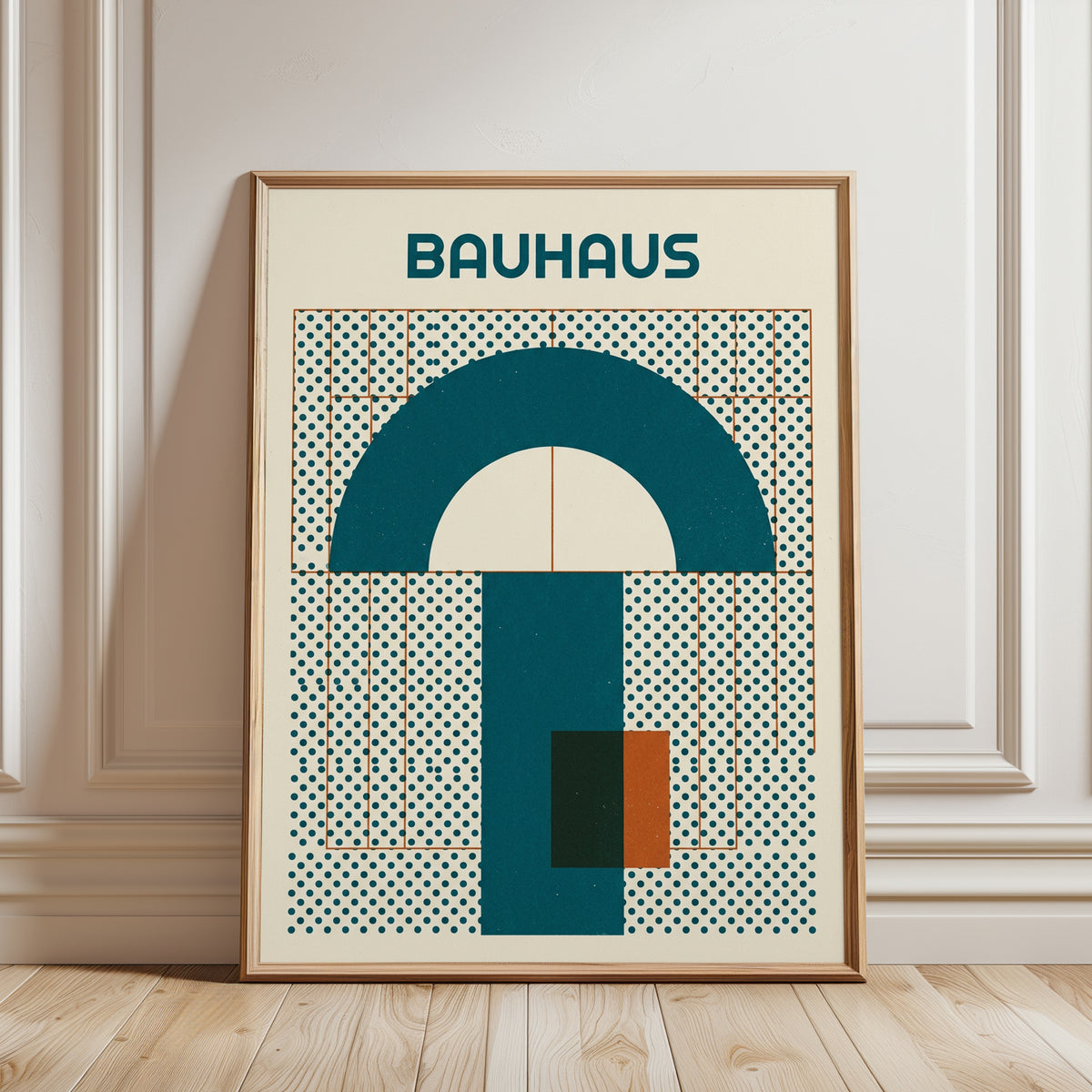 Bauhaus Geometric Arch Print: Teal and Cream Modernist Design - framed detail