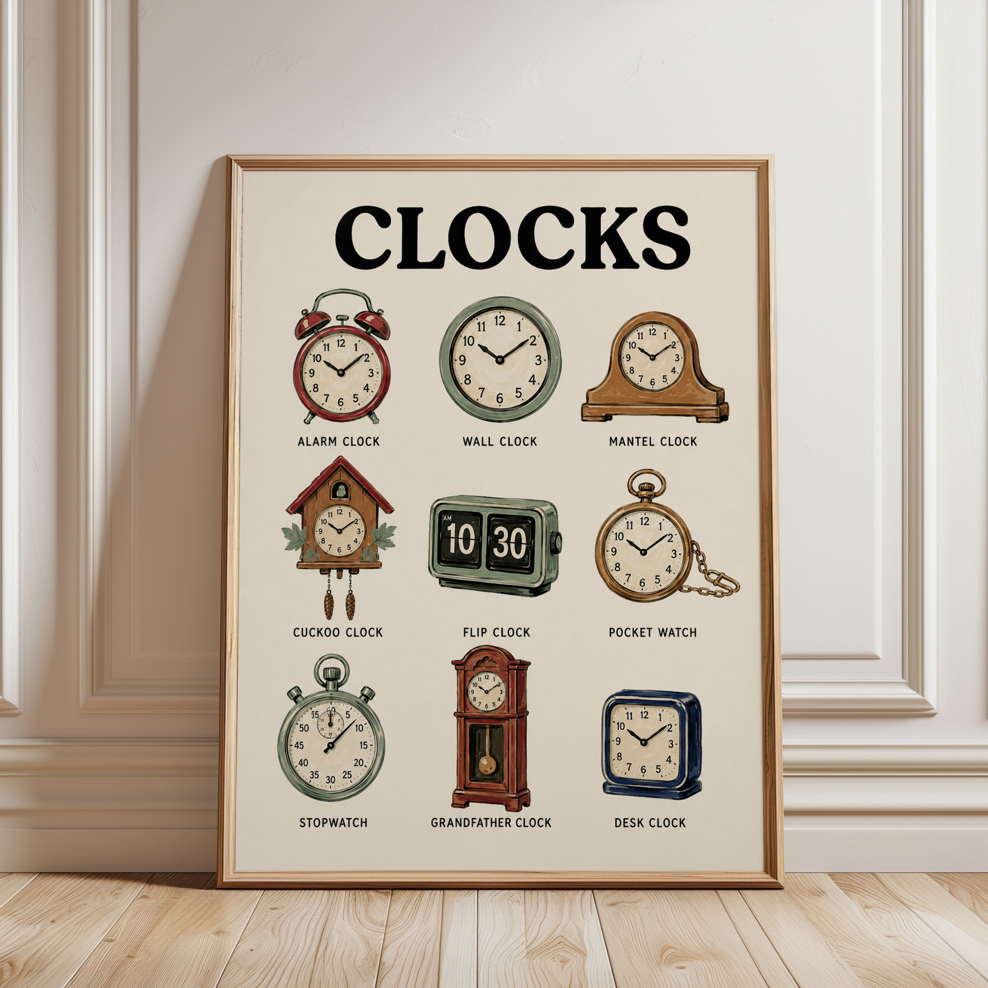 Vintage Clock Collection Chart: Retro Educational Wall Art - framed detail