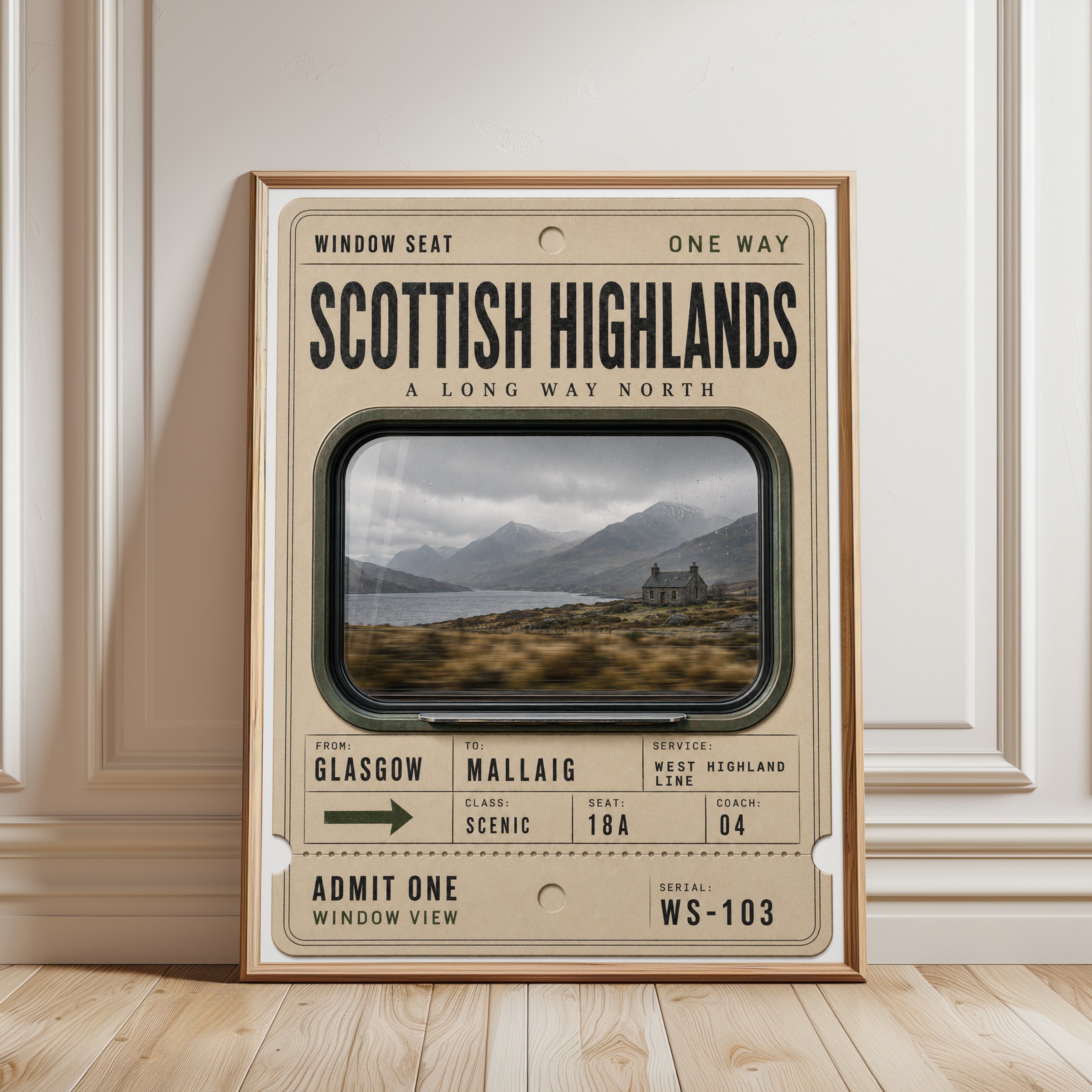 Scottish Highlands Poster – Train Ticket Wall Art - framed detail