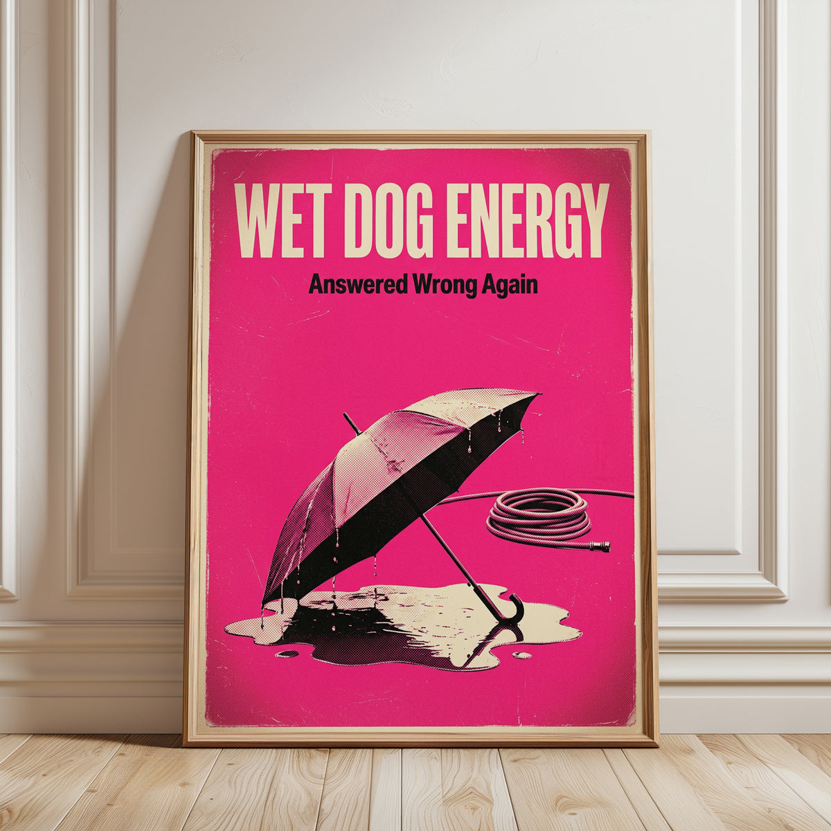 Wet Dog Energy Retro Poster: Pink Pop Art Graphic Design - framed detail