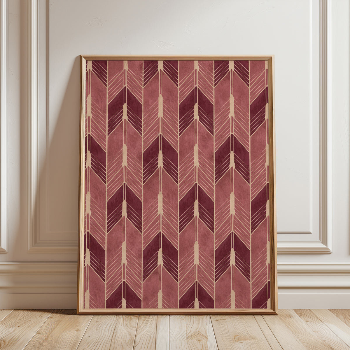 Chevron Wall Art: Burgundy and Gold Geometric Print (Vintage Style) - framed detail