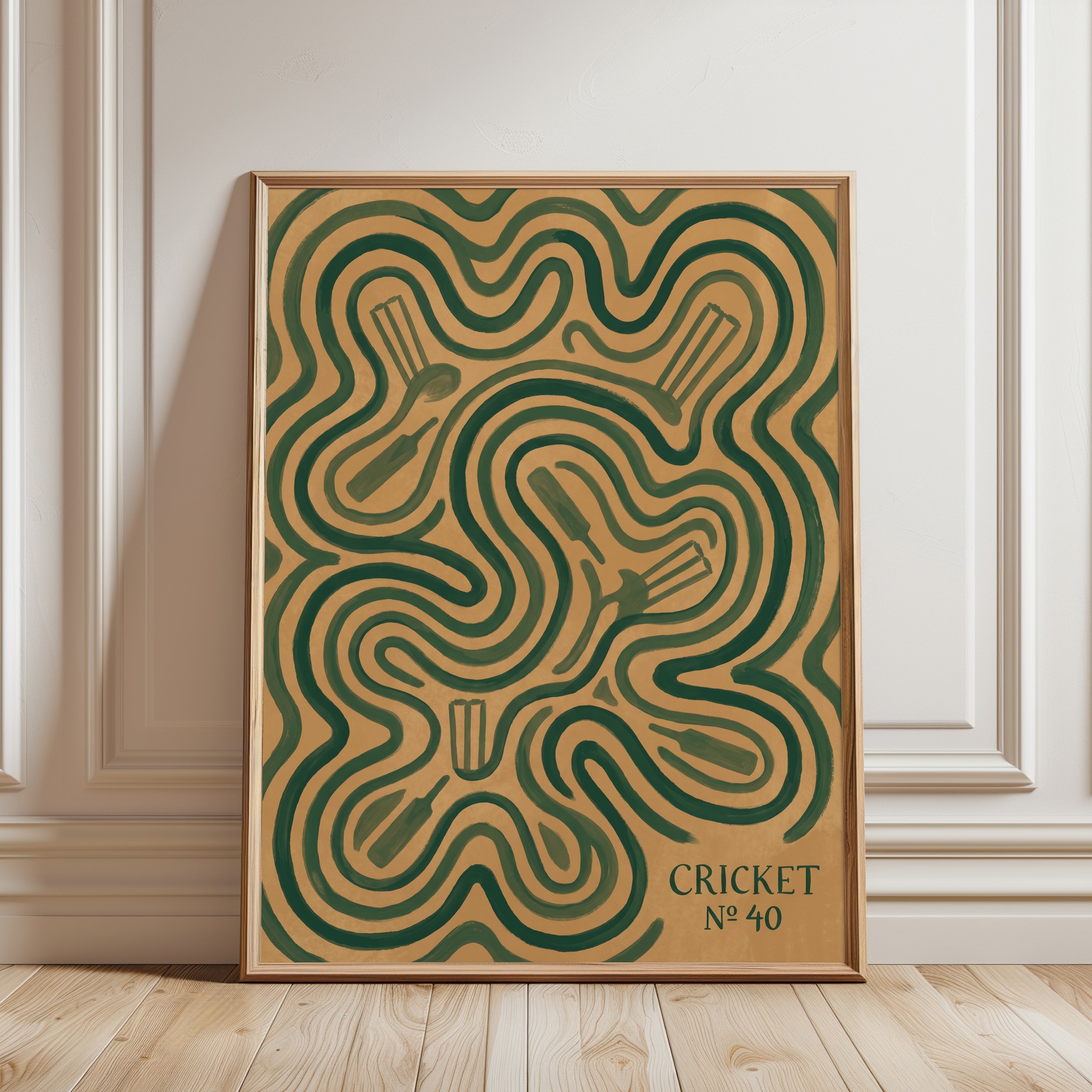 Cricket Poster: Retro Sports Decor (Green and Tan - framed detail