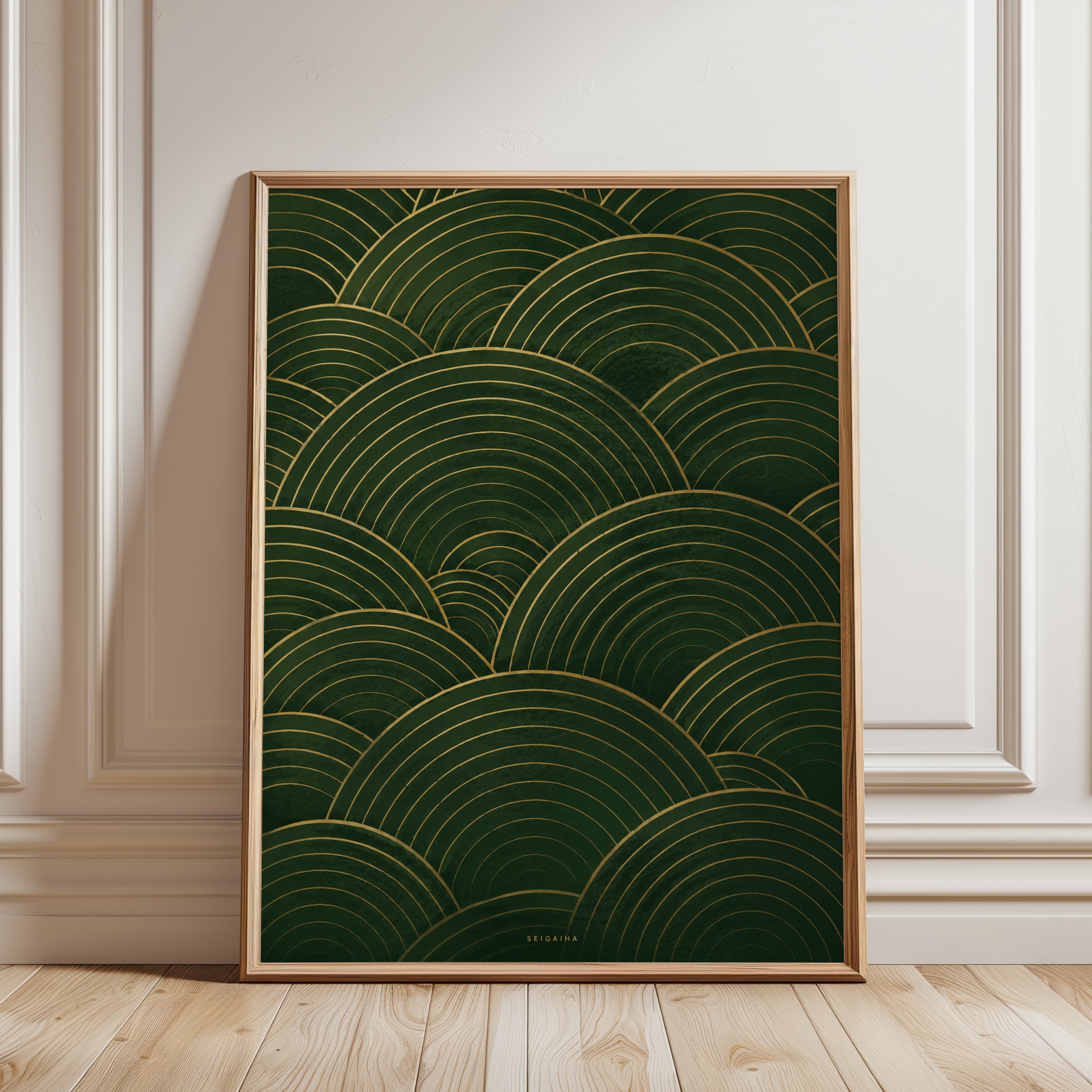 Japanese Wave Pattern Print: Gold & Green Seigaiha Art Deco - framed detail