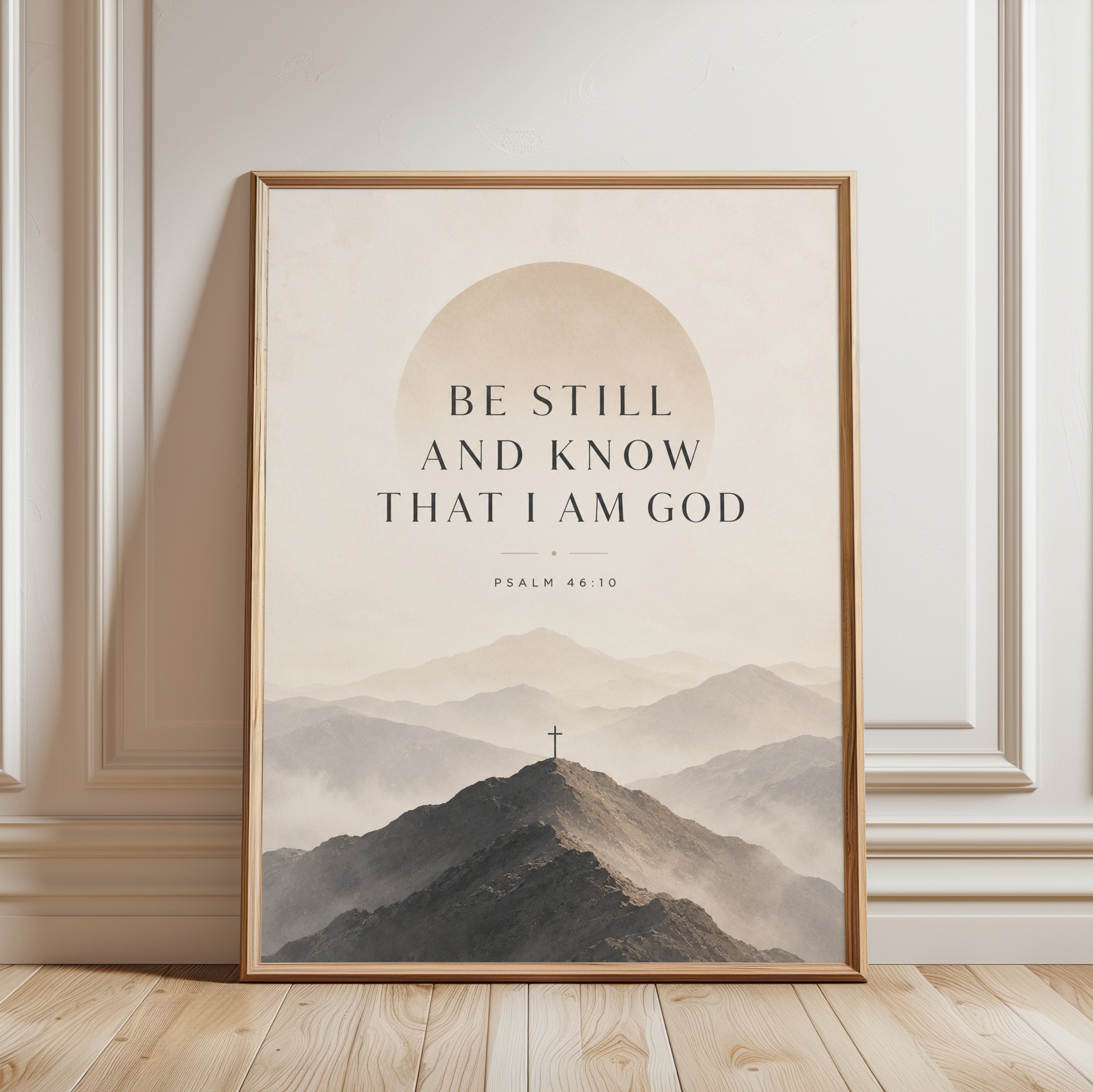 Be Still and Know Psalm 46:10 Print: Minimalist Mountain Cross Art - framed detail