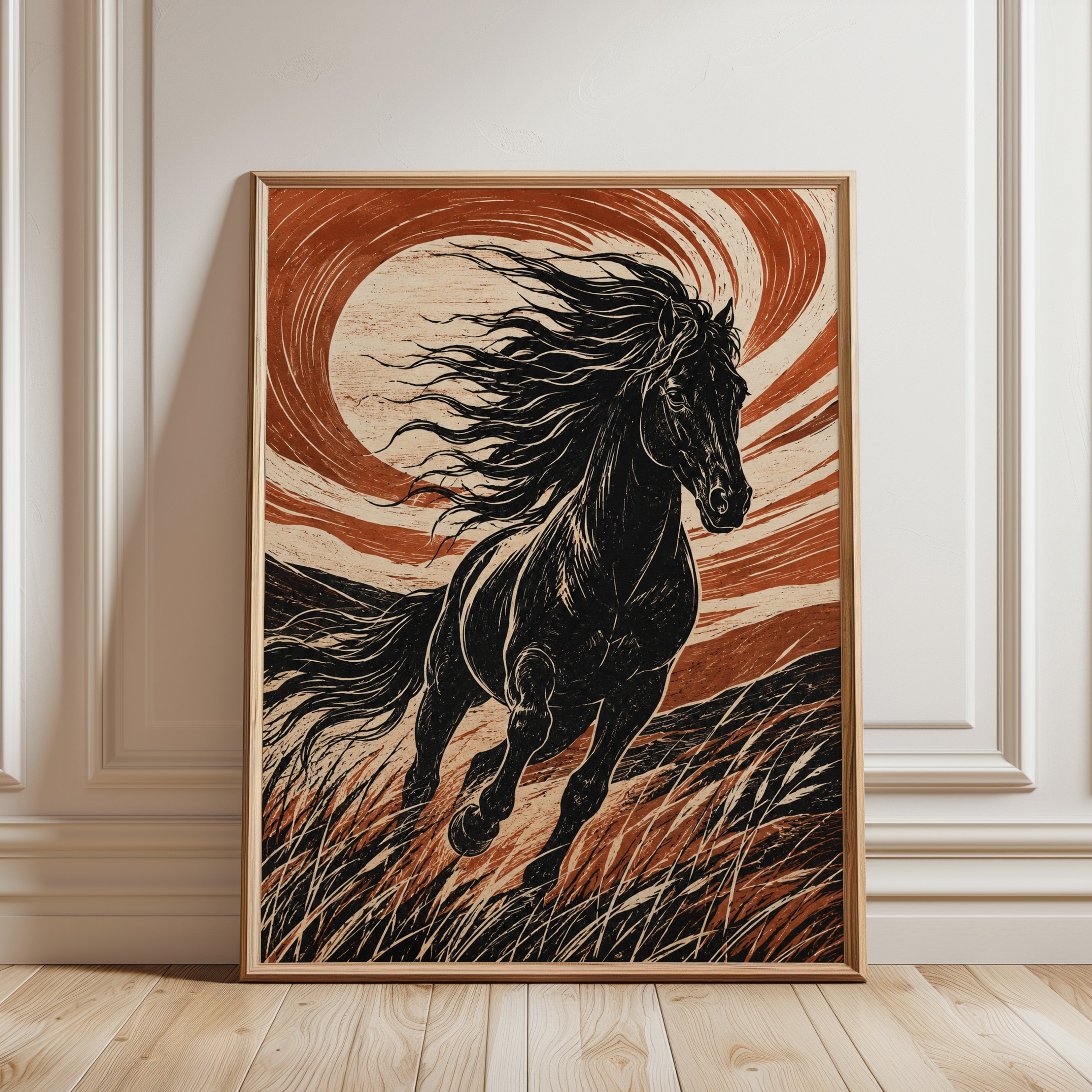 Black Horse Linocut Print – Bold Woodblock Style - framed detail