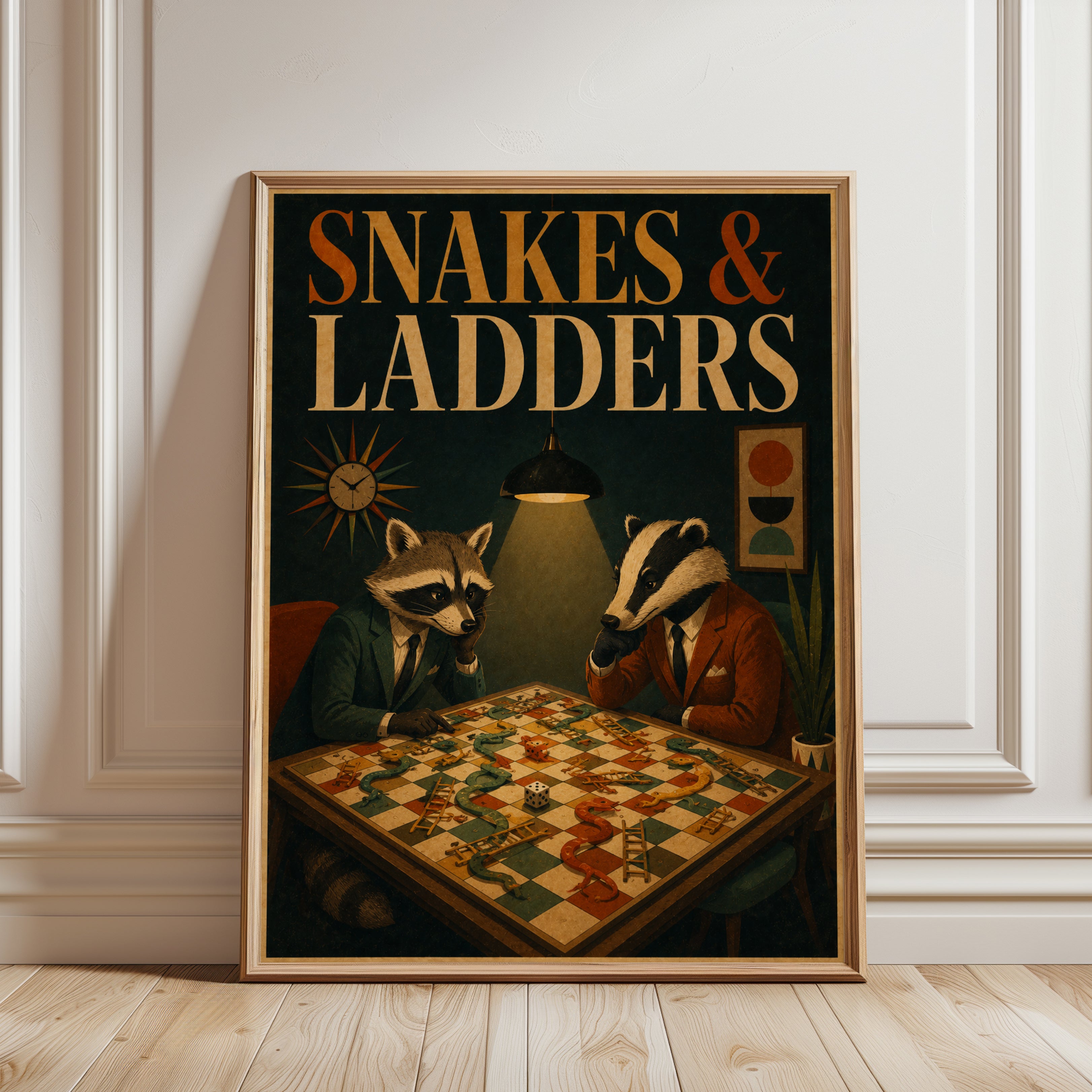 Snakes and Ladders Art Print: Whimsical Animals - framed detail