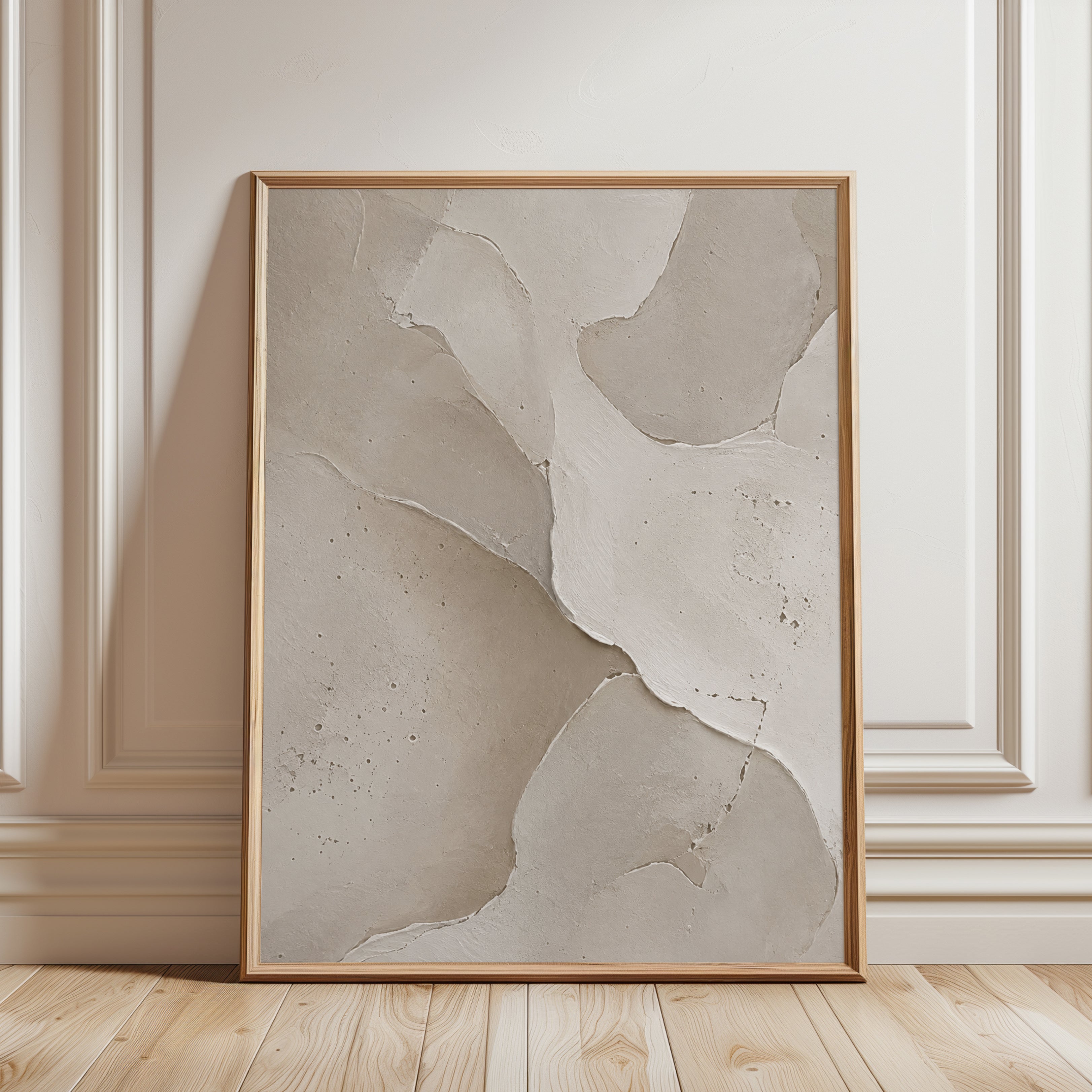 Textured Plaster Abstract Wall Art: Neutral Beige Organic Shapes - framed detail