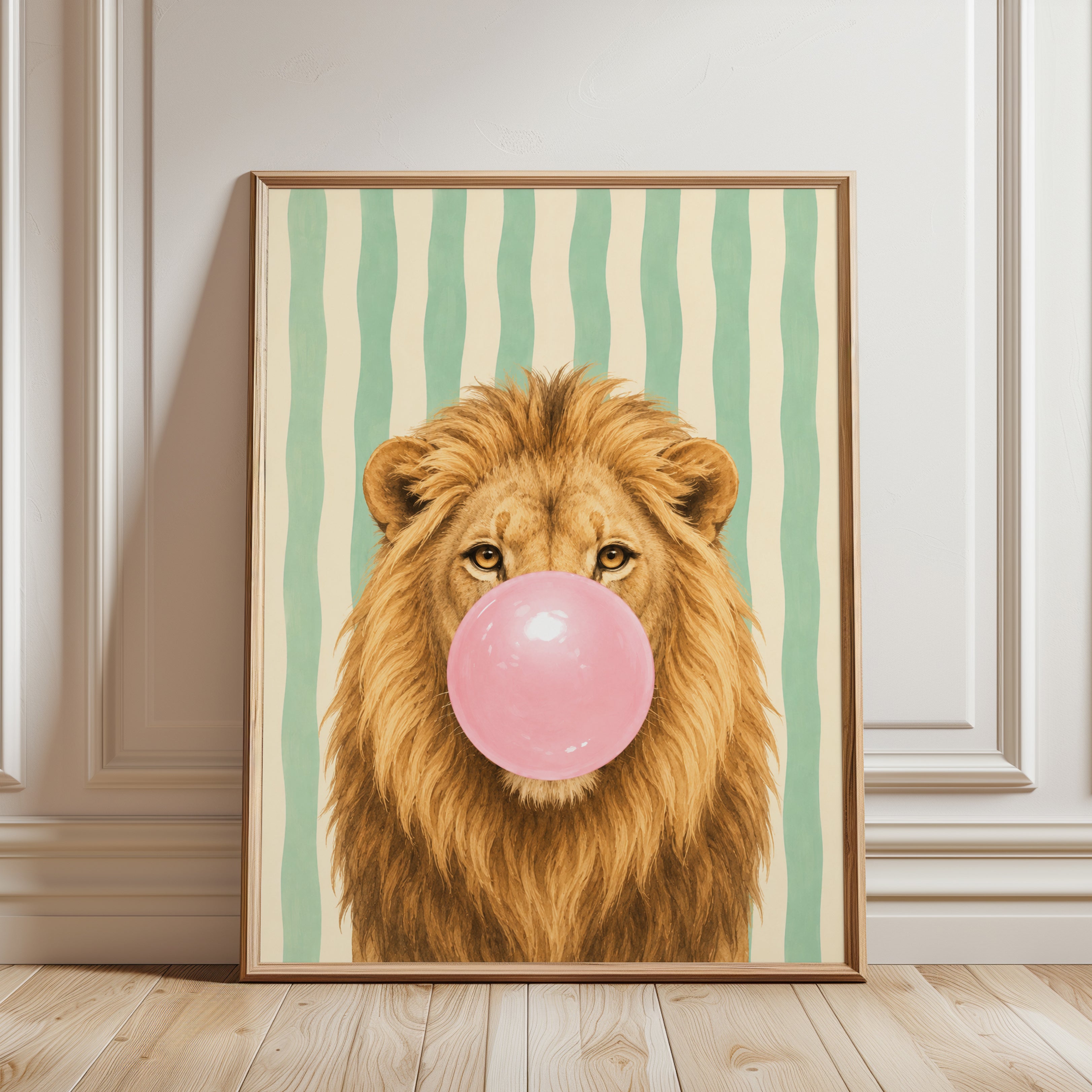 Lion Bubble Gum Print – Funny Animal Wall Art - framed detail