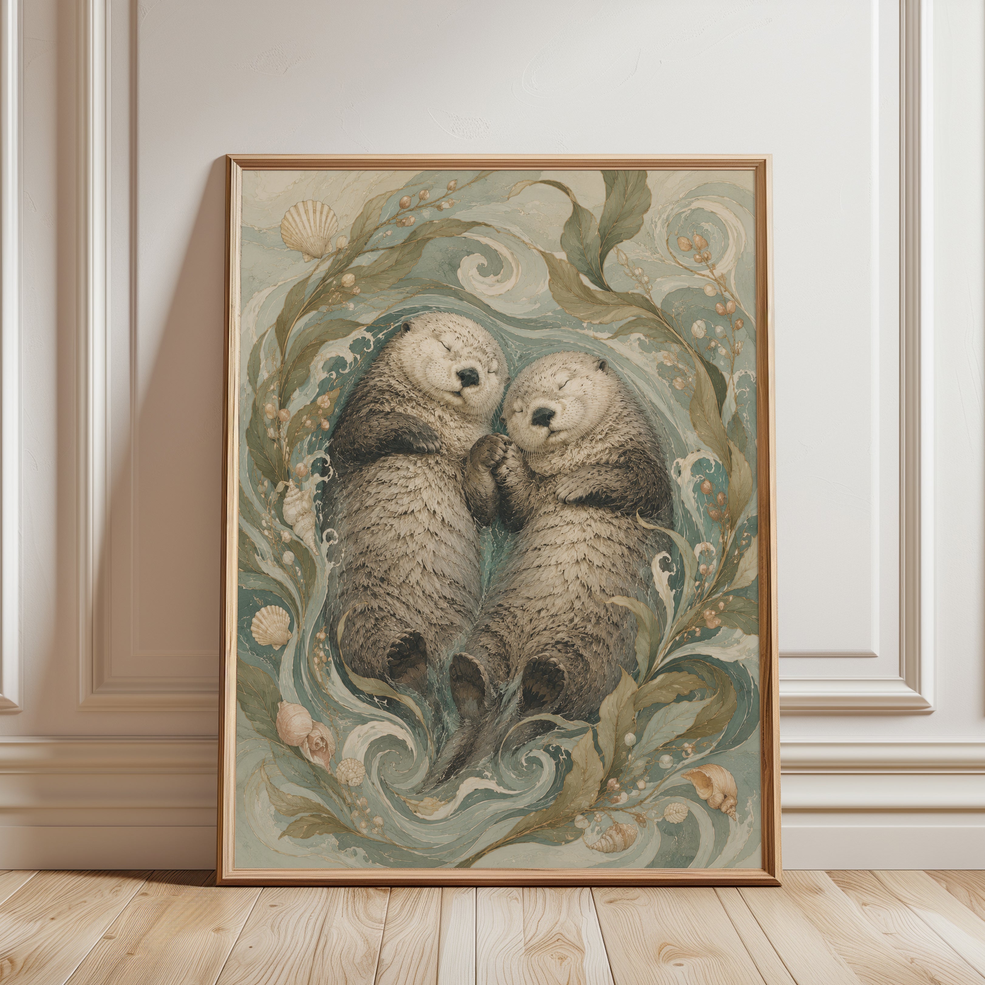 Sea Otters Holding Hands Art Print: Art Nouveau Ocean Wildlife - framed detail