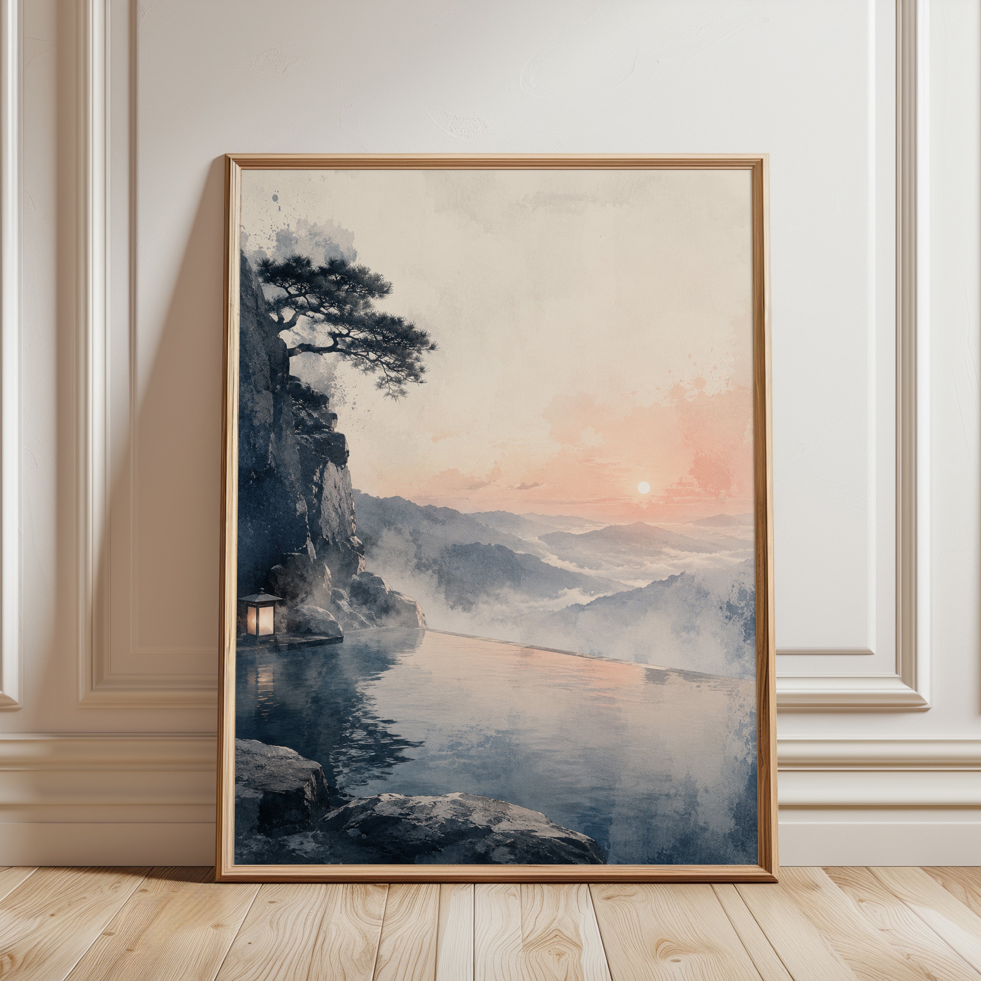 Japanese Landscape Print – Mountain Lake Wall Art - framed detail