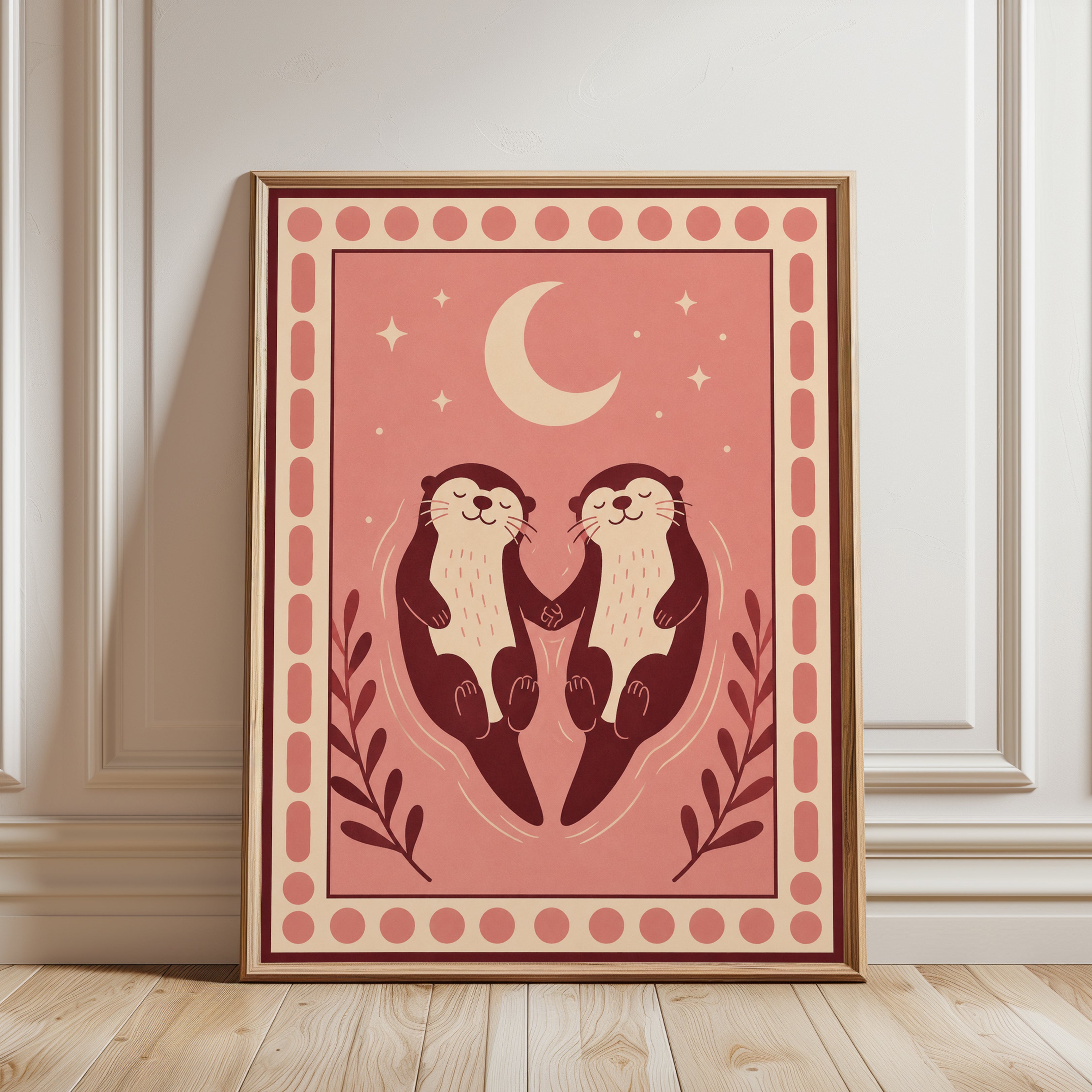 Folk Art Otter Print – Pink Boho Nursery Wall Art - framed detail