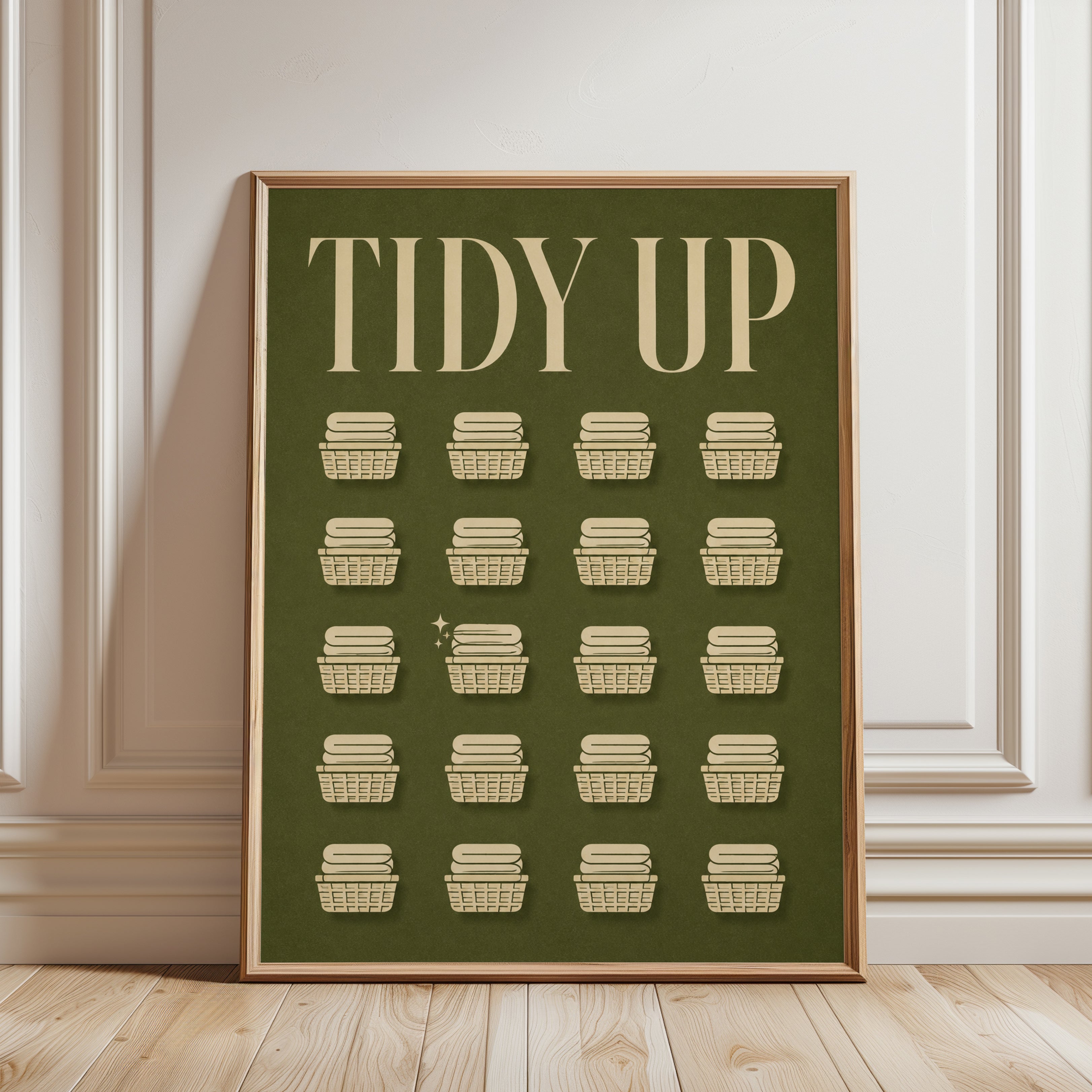 Laundry Room Tracker Print: Vintage Basket Design - framed detail