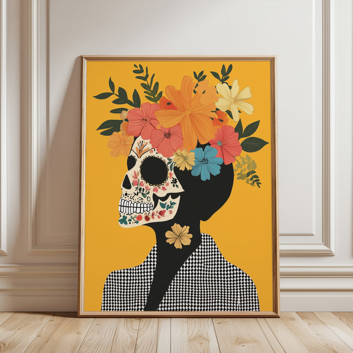 Sugar Skull Art Print: Day of the Dead Floral Design (Unframed) - framed detail