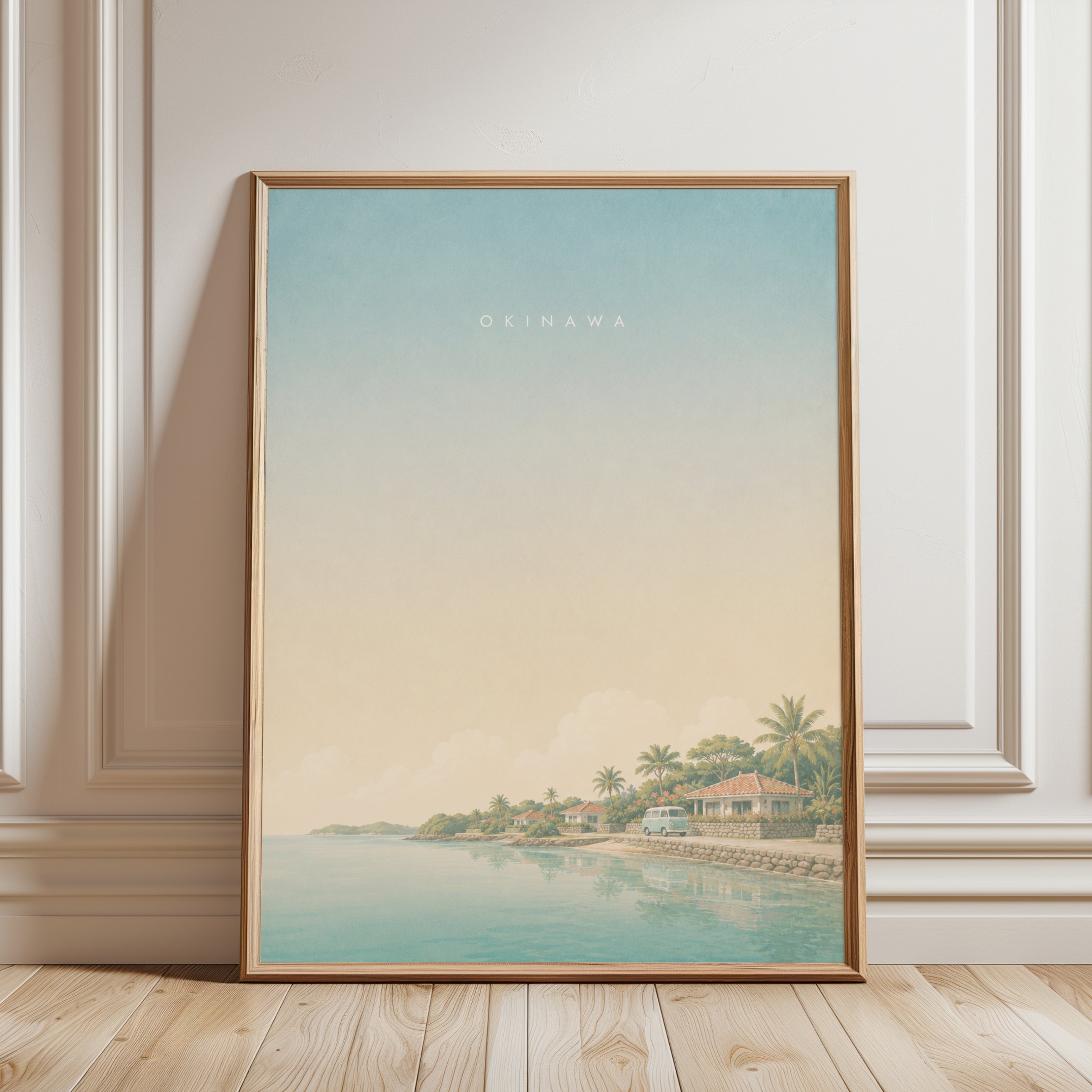 Okinawa Coastal Village Art Print: Pastel Tropical Landscape - framed detail