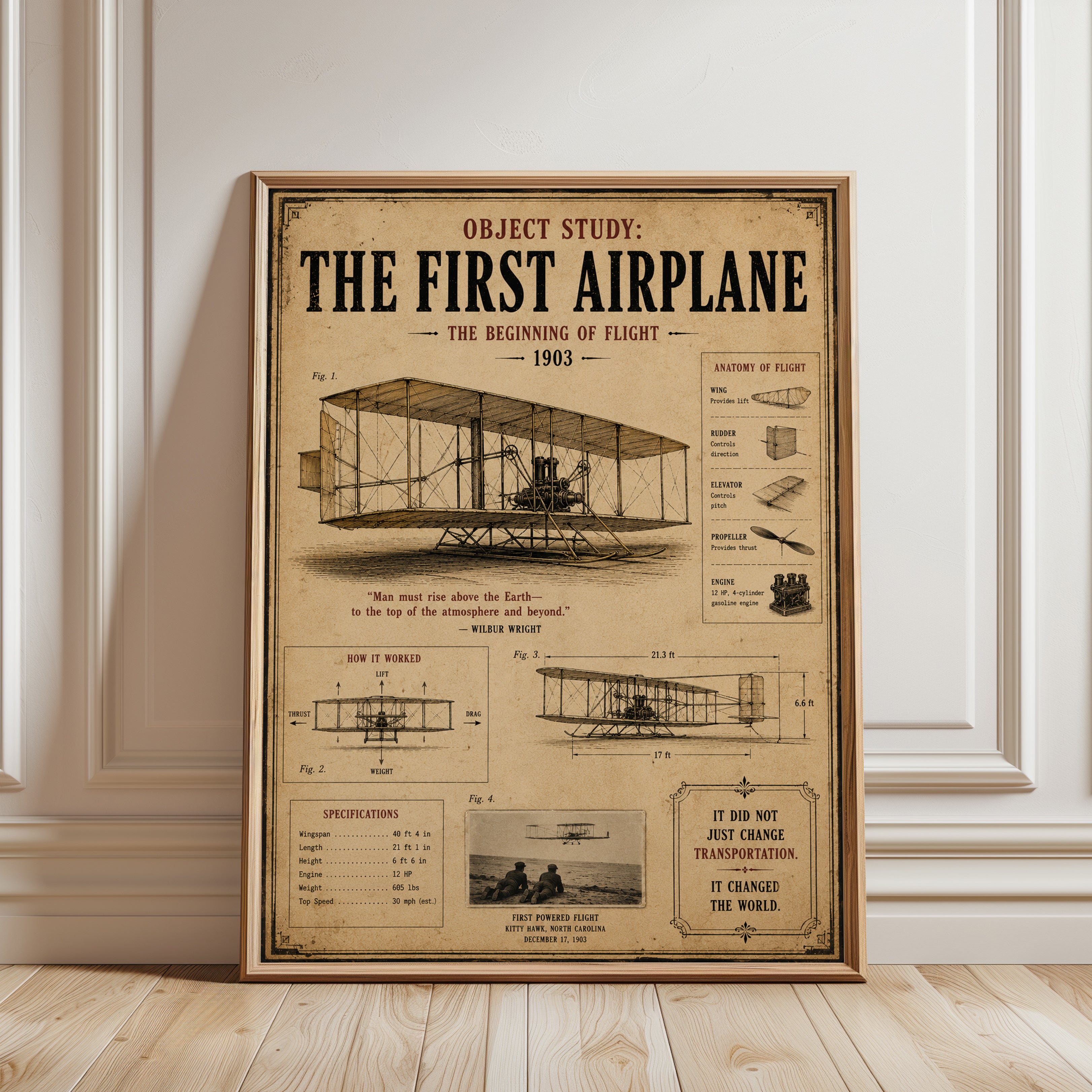 Wright Brothers First Airplane Print: Vintage Aviation Blueprint - framed detail