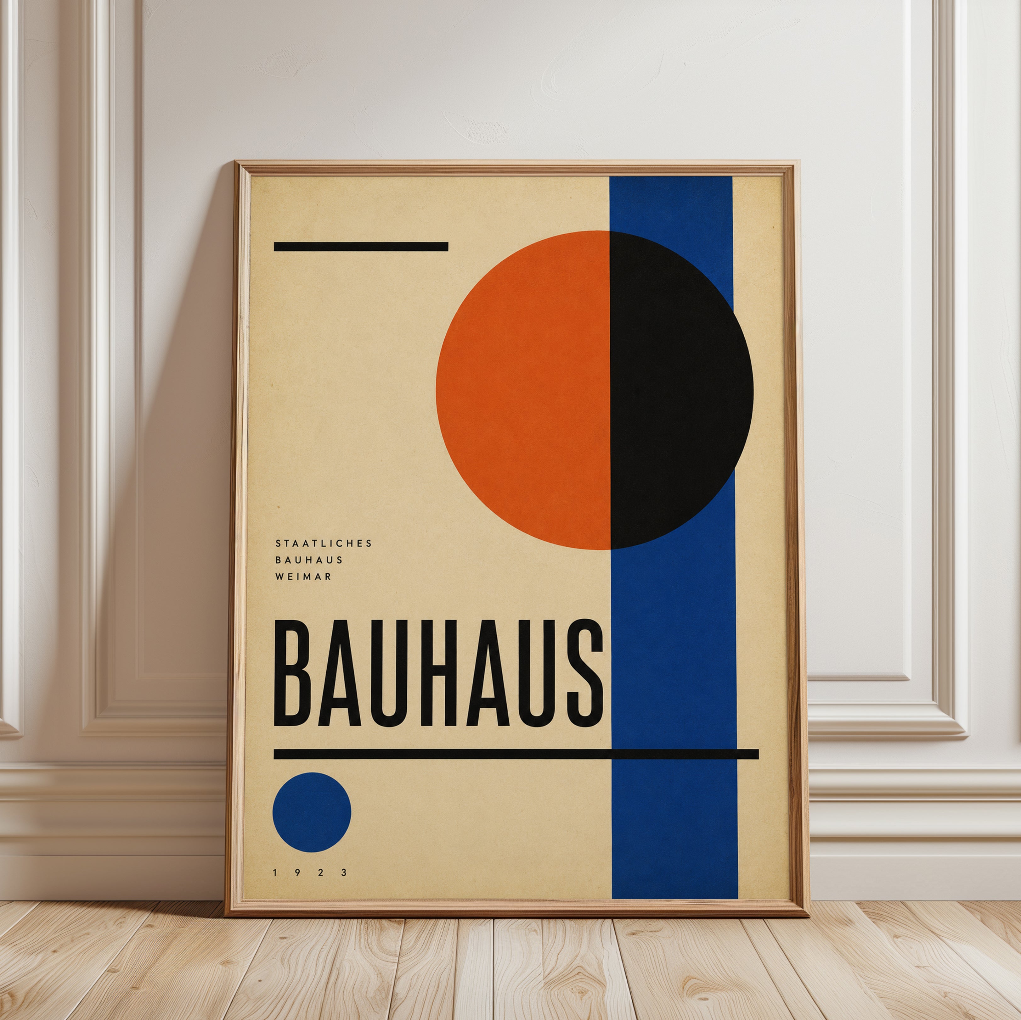 Bauhaus Geometric Poster: Orange Black and Blue Modernist Print - framed detail
