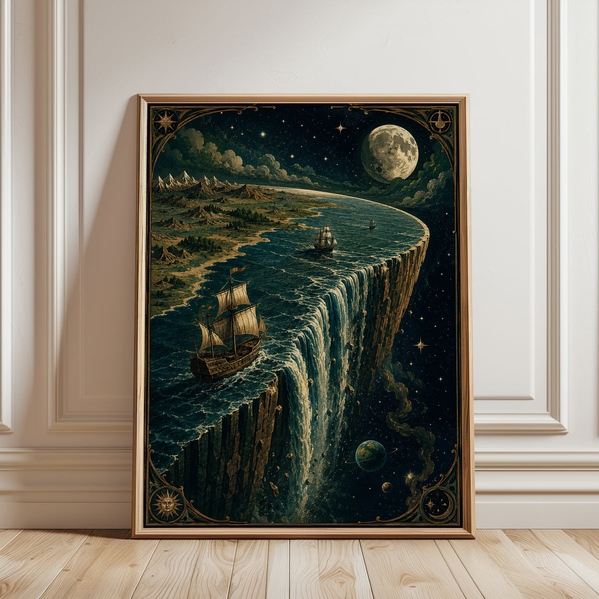 Flat Earth Sailing Ship Print: Vintage Celestial Map Art - framed detail