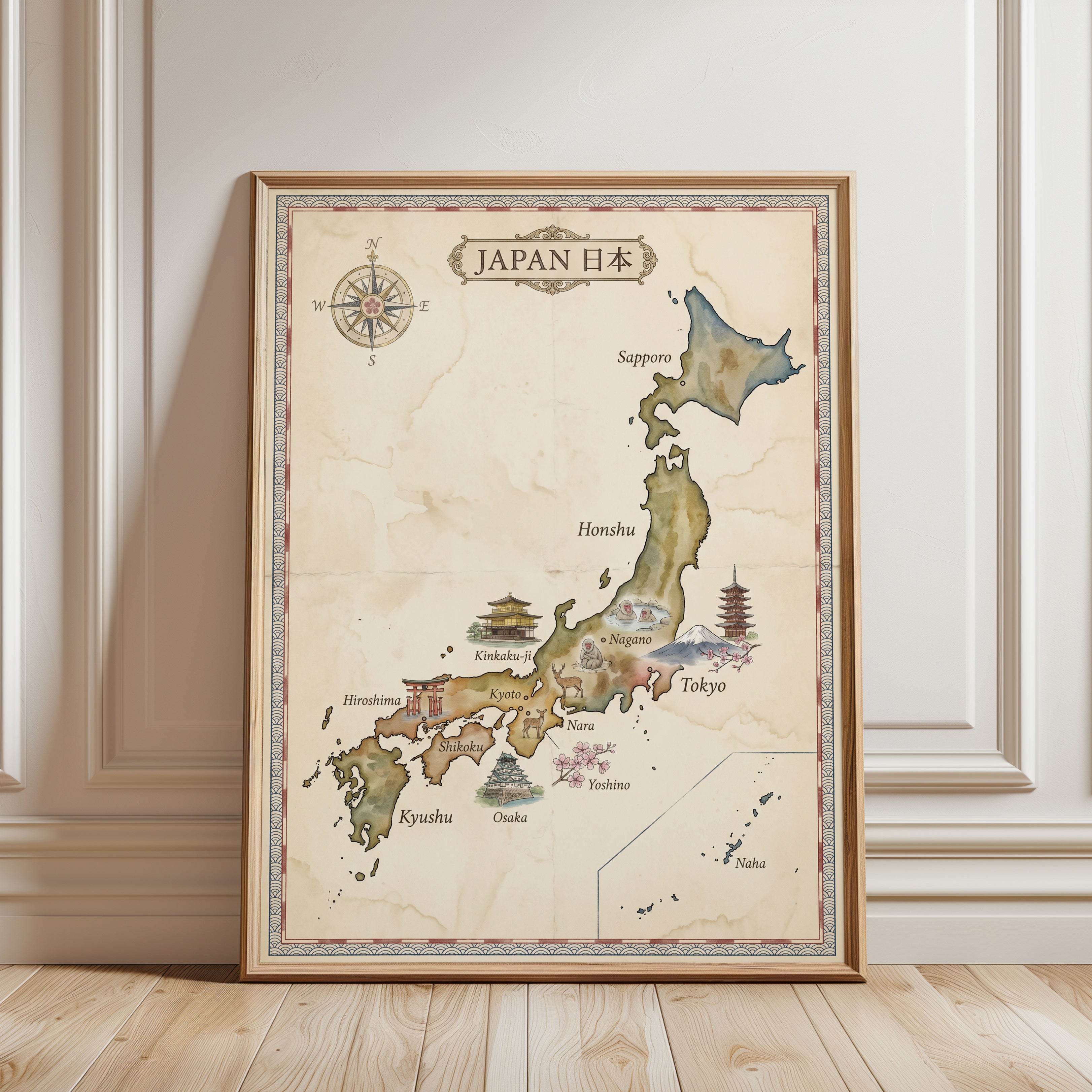 Japanese Vintage Map Print - framed detail