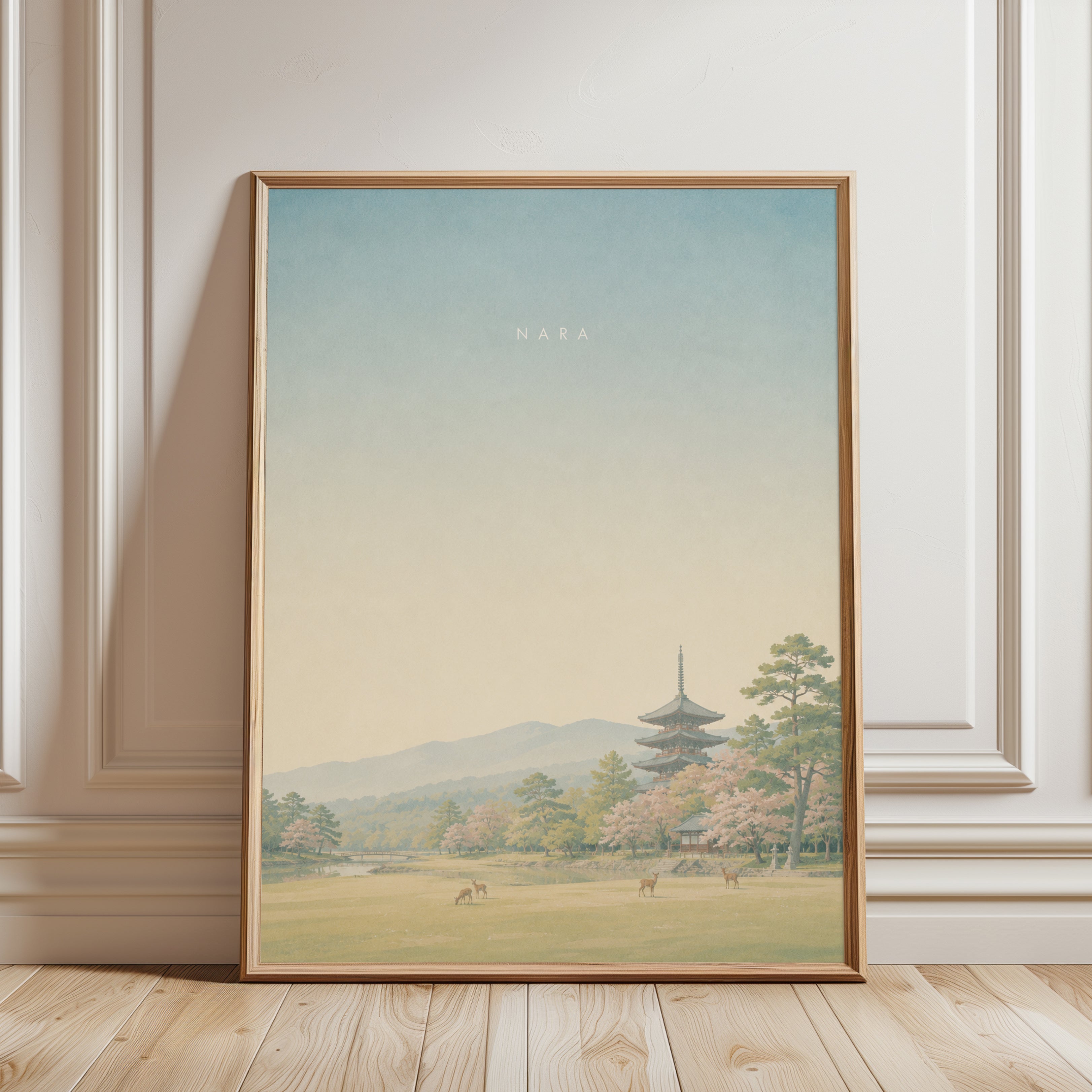Nara Pagoda Art Print: Japanese Landscape with Cherry Blossoms - framed detail