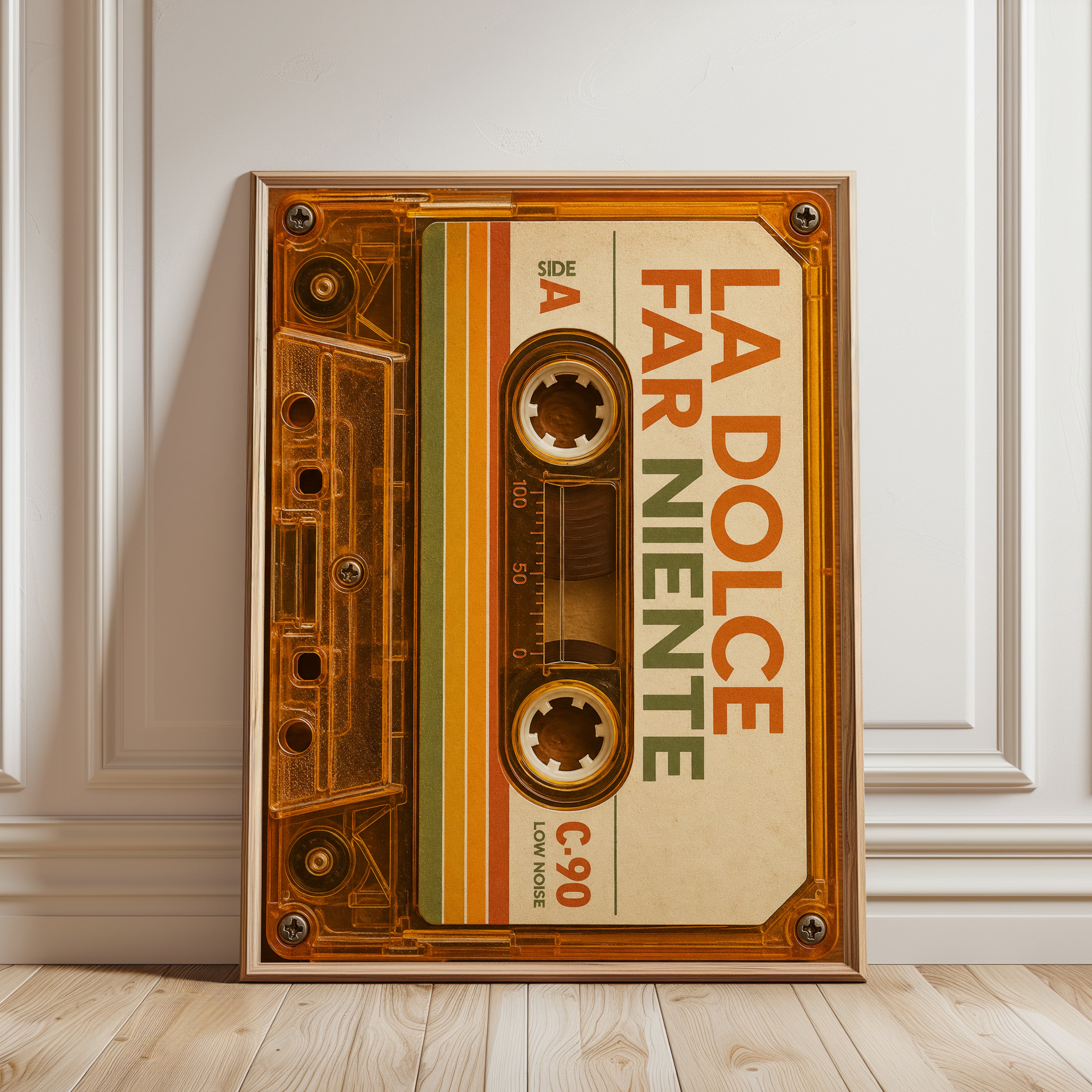 Cassette Tape Print: Retro 70s Music Wall Art (Orange & Brown) - framed detail