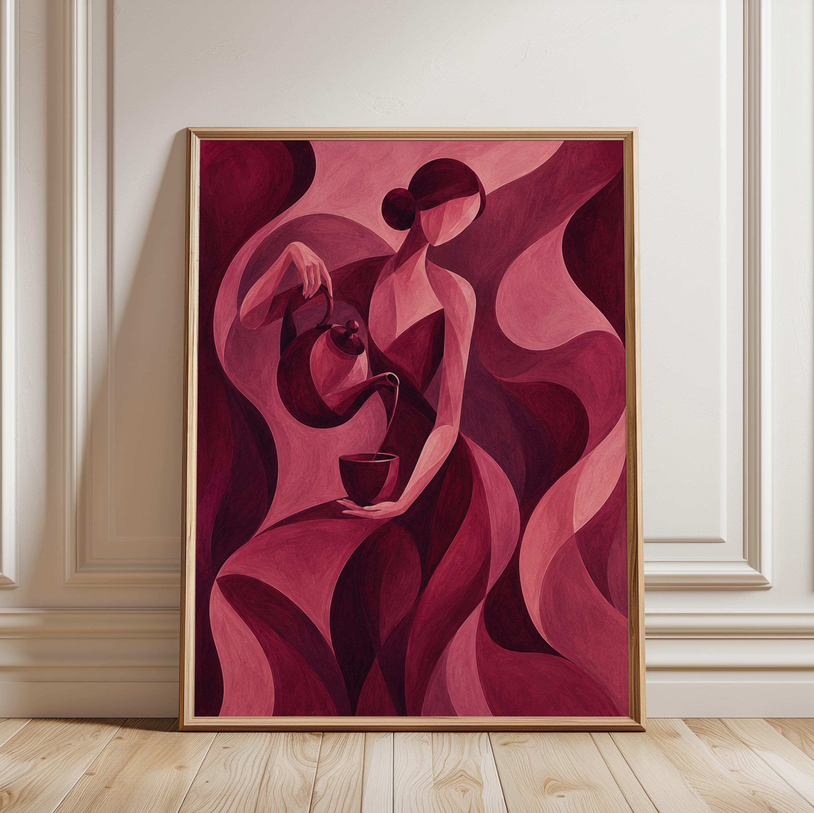 Cubist Coffee Ritual Art Print: Pink Geometric Figure Poster - framed detail