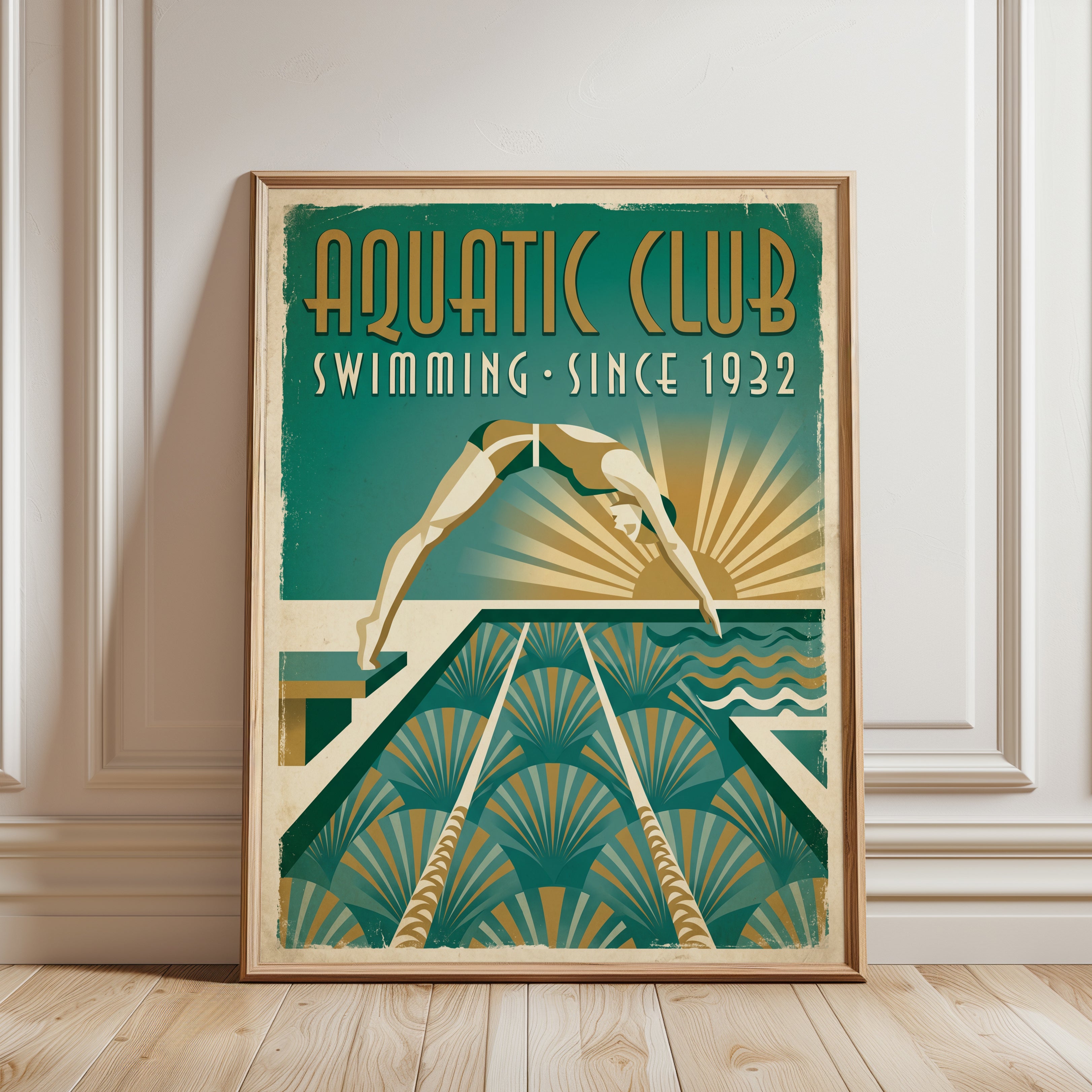 Aquatic Club Art Deco Poster: Vintage Swimming Pool Print - framed detail
