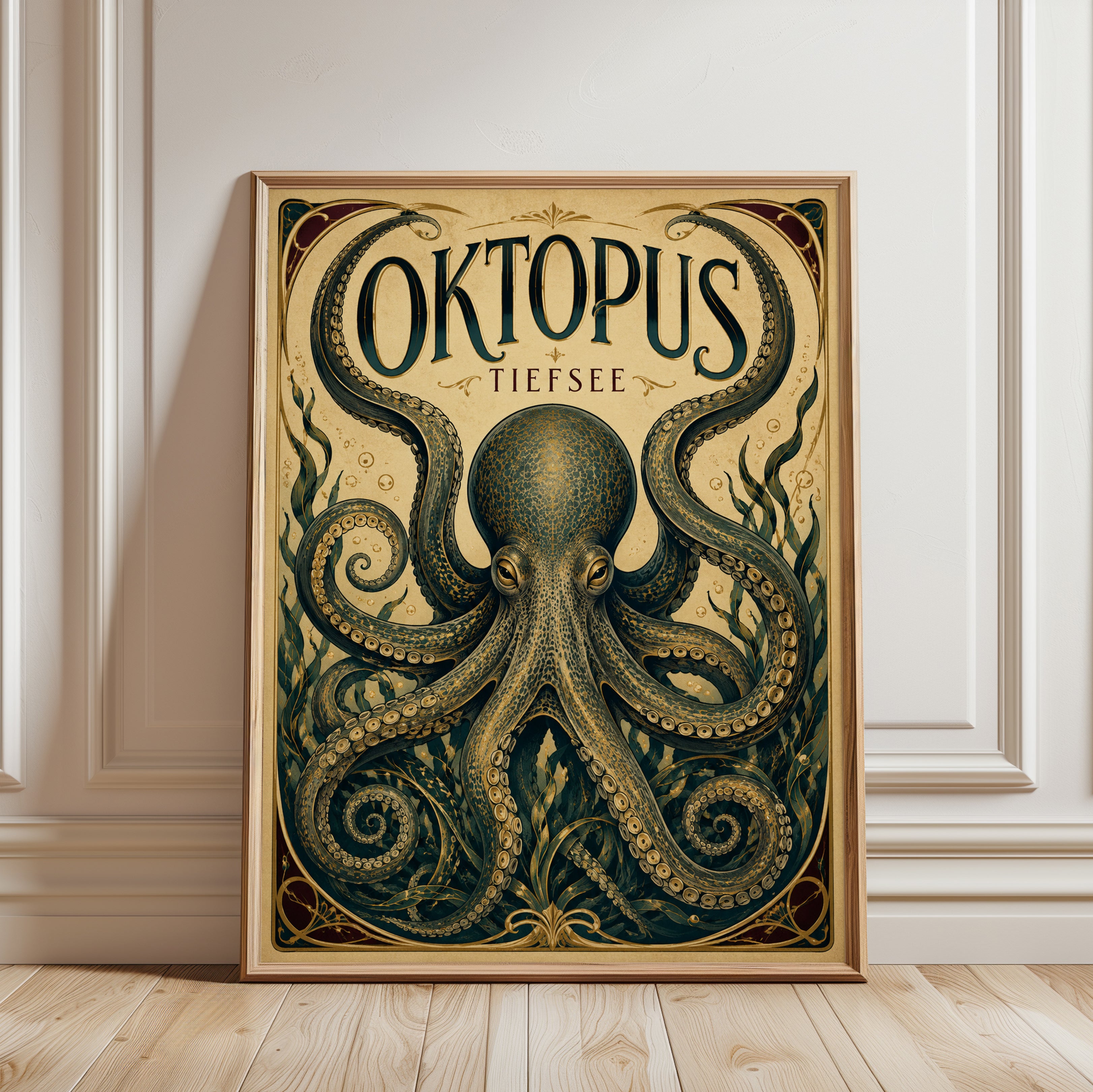 Octopus Wall Art – Vintage Sea Creature Print - framed detail