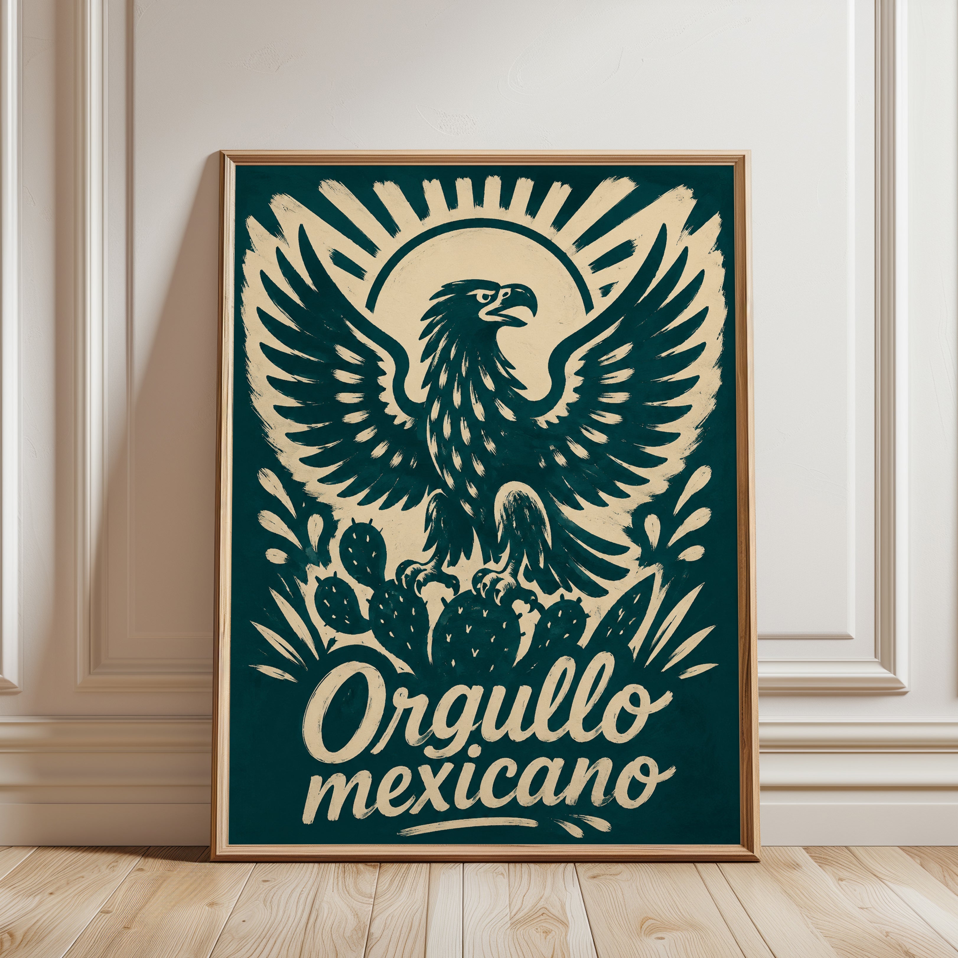 Mexican Eagle Print: Vintage Folk Art Poster with Cactus Design - framed detail