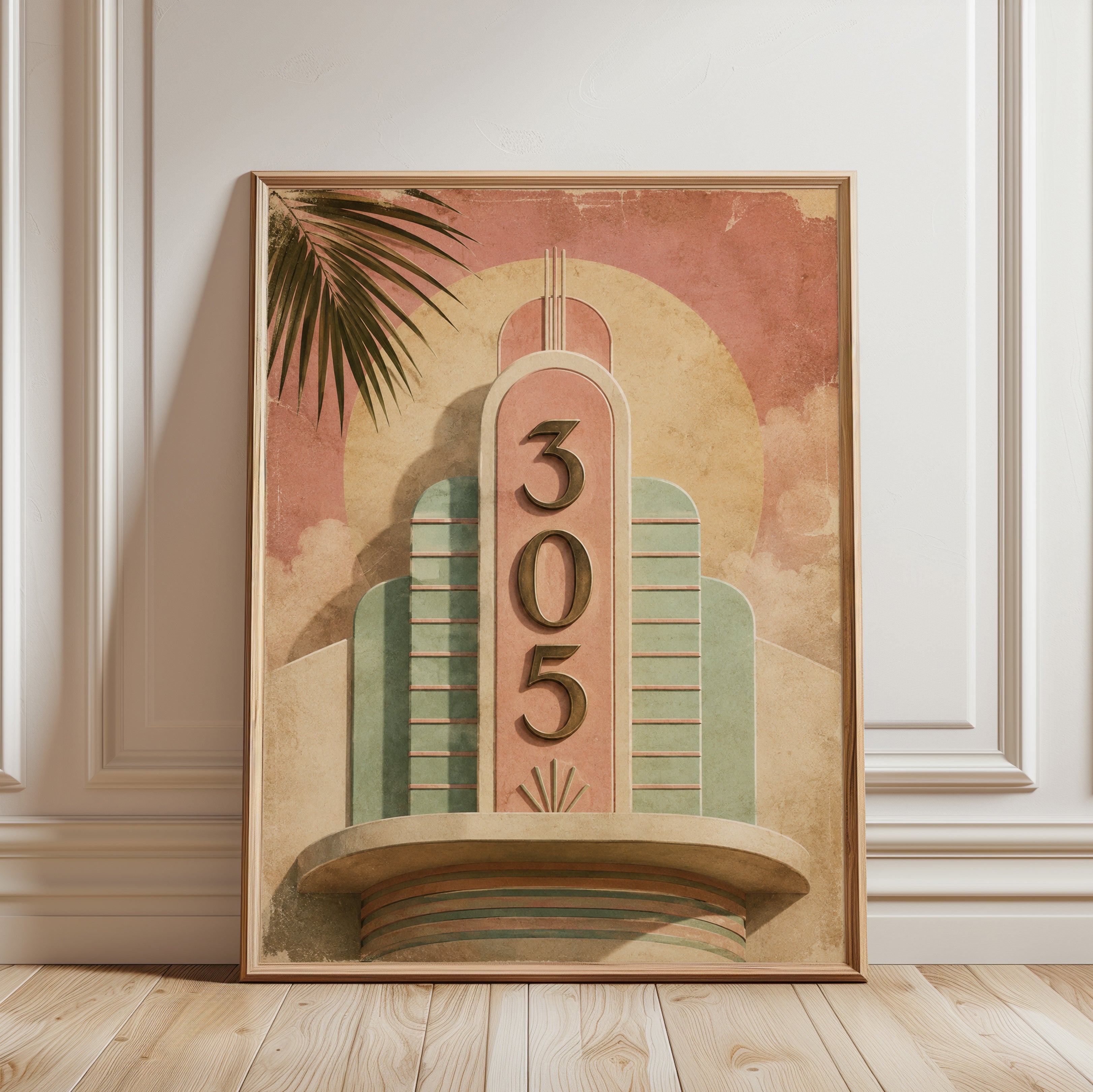 Art Deco Building Facade Print: Vintage Pink and Mint Architecture - framed detail