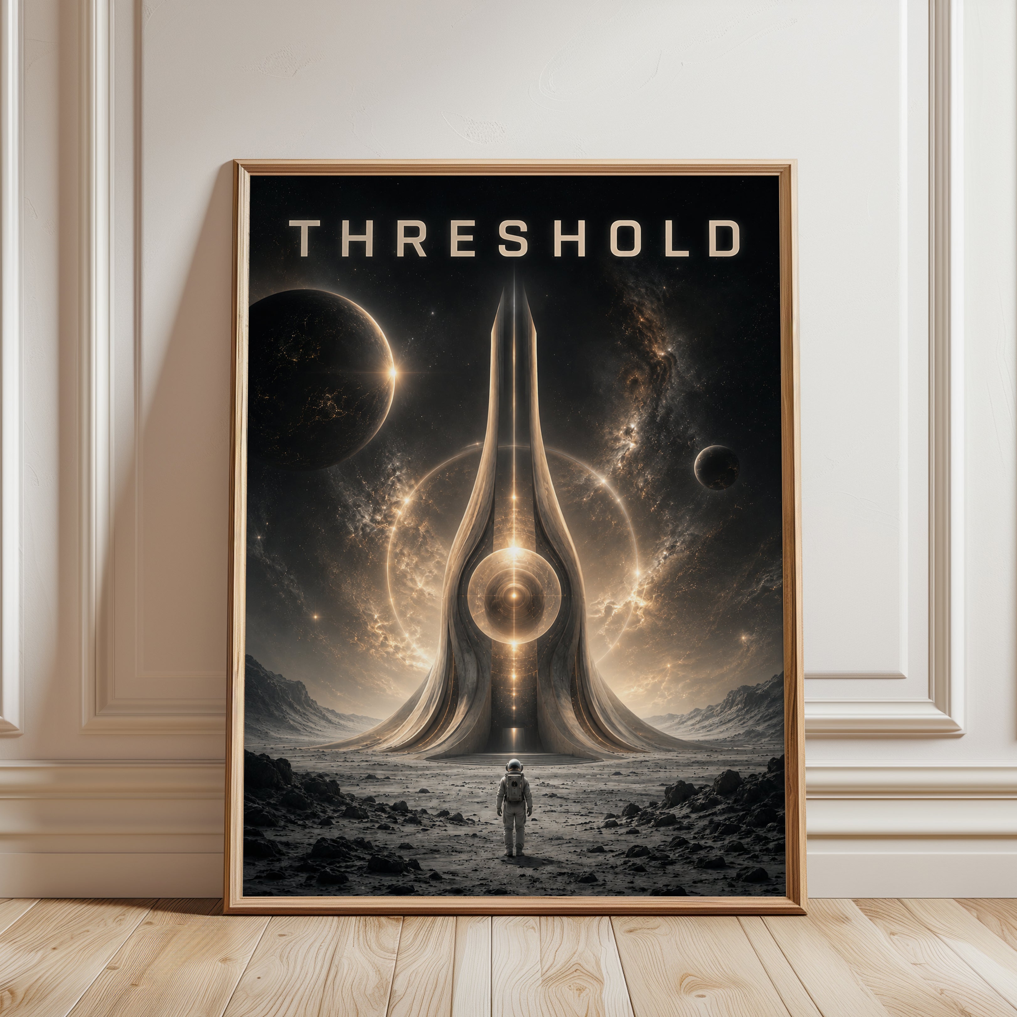 Cosmic Gateway Art Print: Futuristic Space Explorer Golden Portal - framed detail