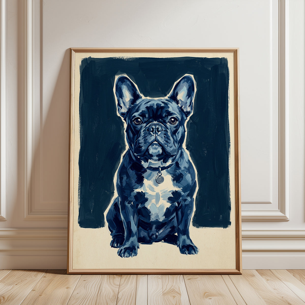 French Bulldog Portrait: Blue Tonal Dog Art Print - framed detail