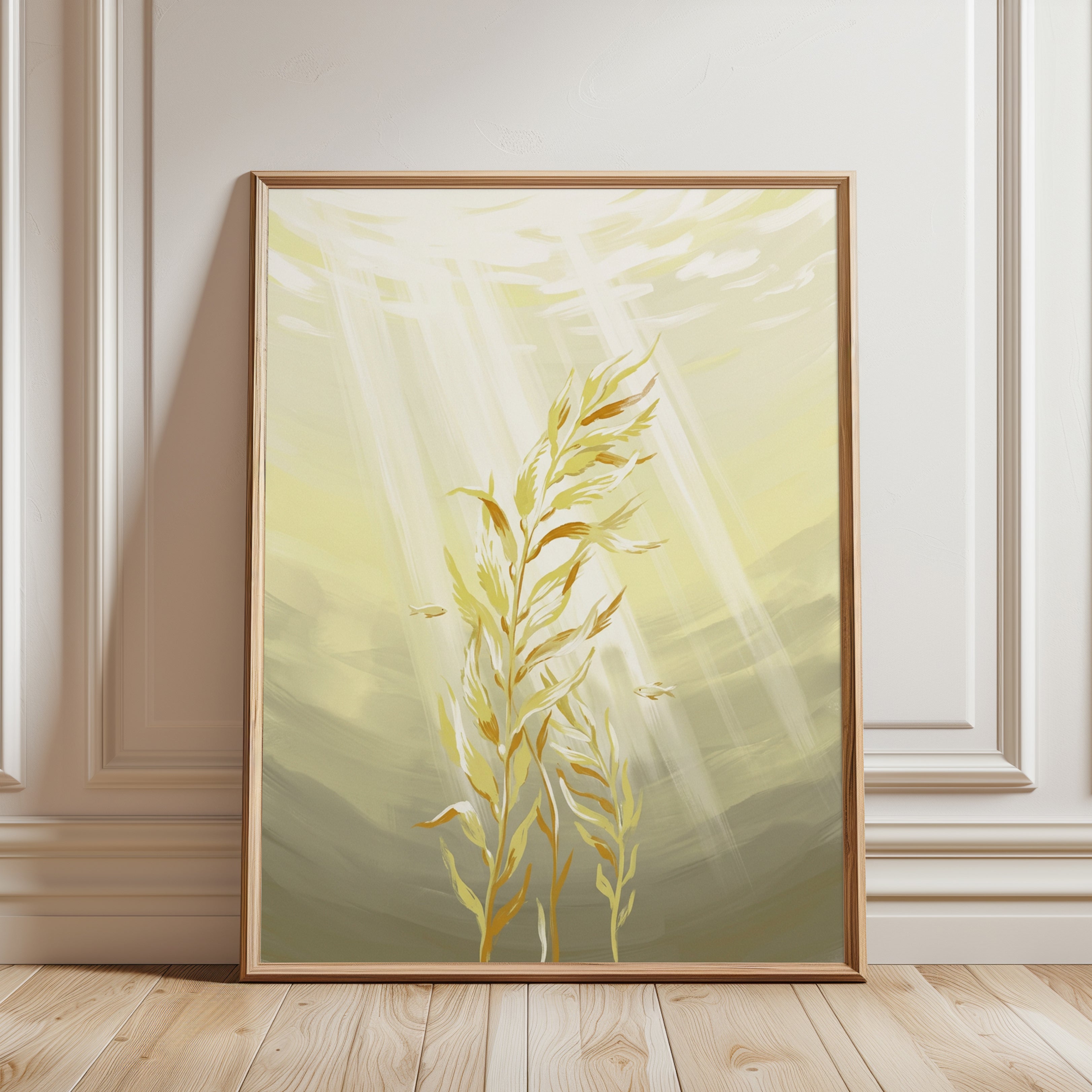 Golden Wheat Art Print: Luminous Botanical Harvest Design - framed detail